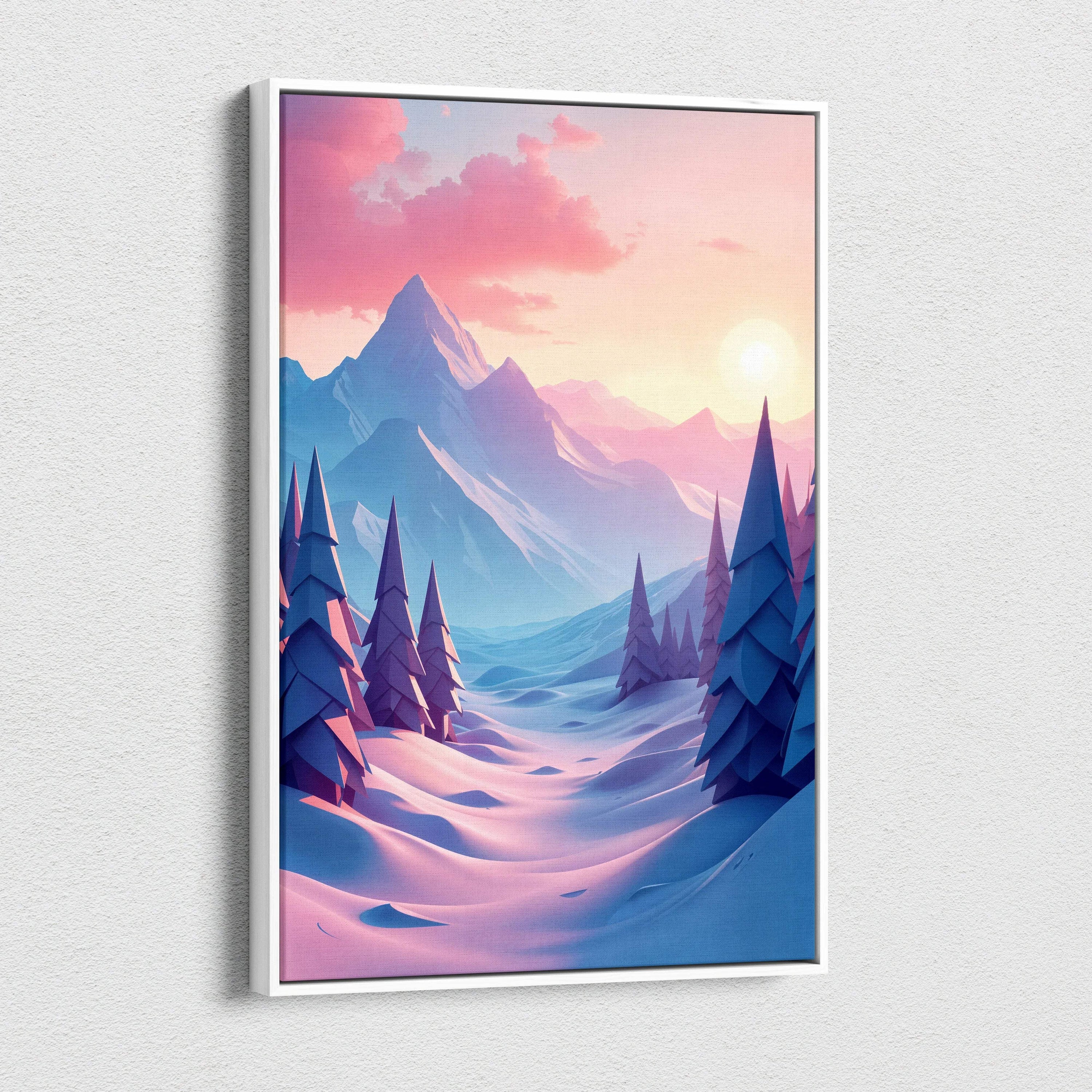 Stylized winter mountain landscape canvas wall art with pine trees at sunset