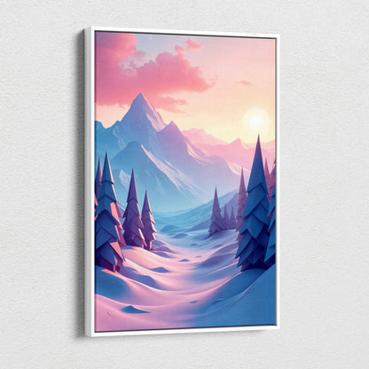 Stylized winter mountain landscape canvas wall art with pine trees at sunset