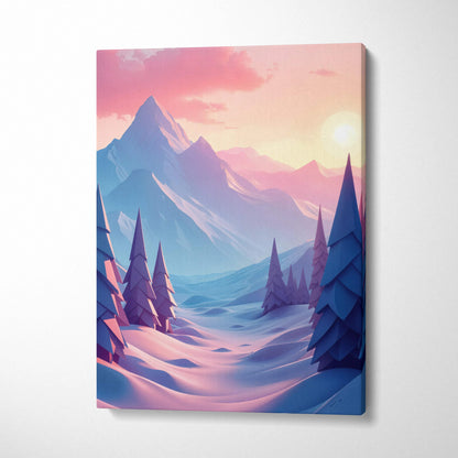 Stylized winter mountain landscape canvas with pines at sunset in peach lilac blue