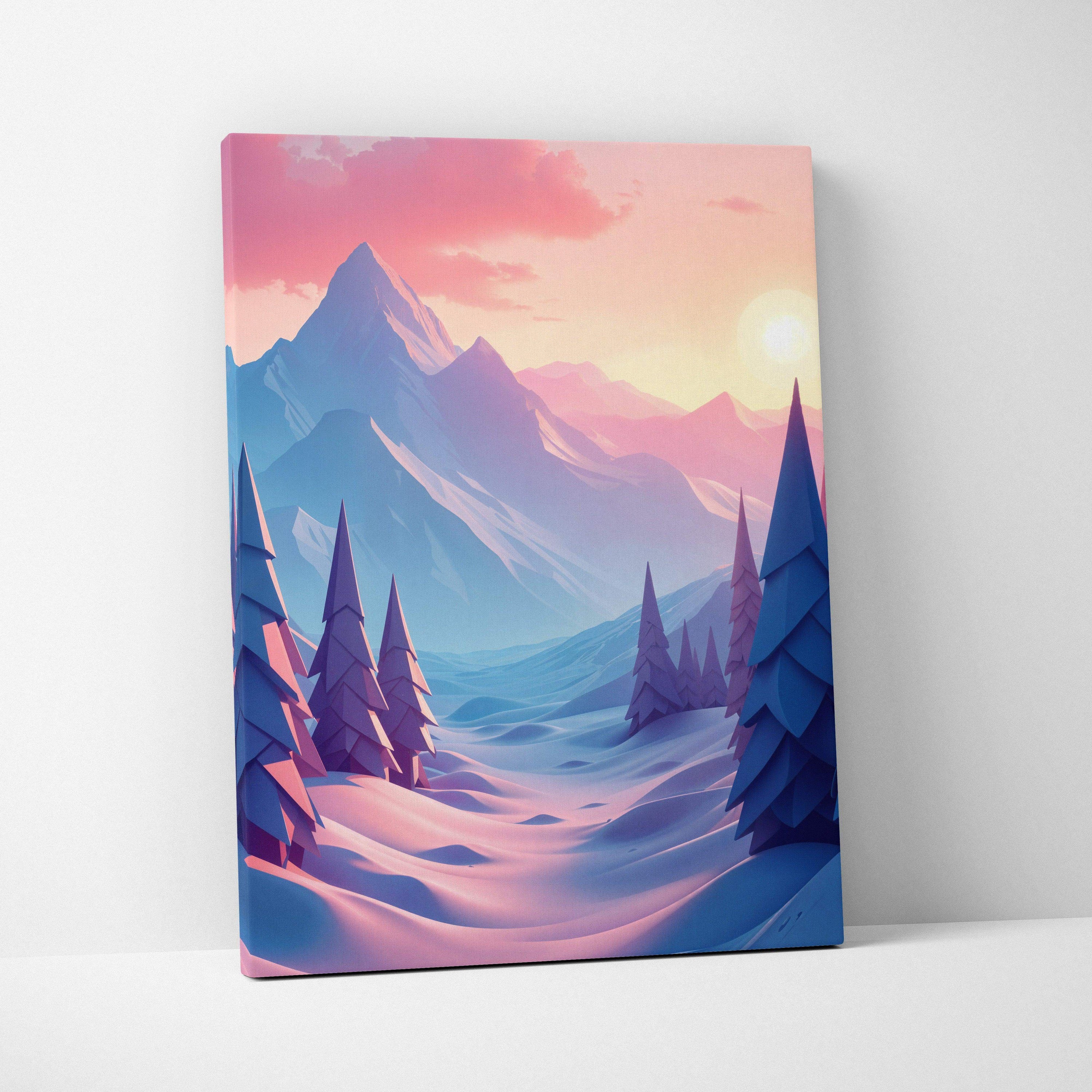 Stylized winter mountain canvas art with pine trees at sunset in peach lilac blue