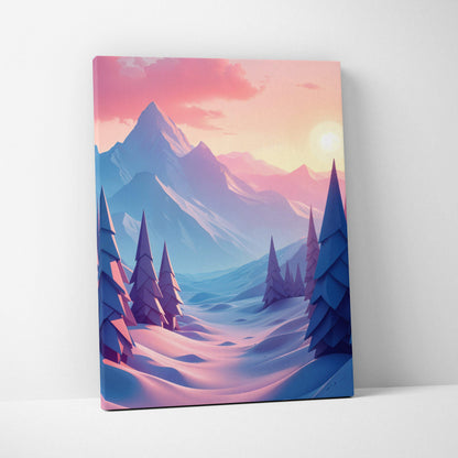 Stylized winter mountain canvas art with pine trees at sunset in peach lilac blue