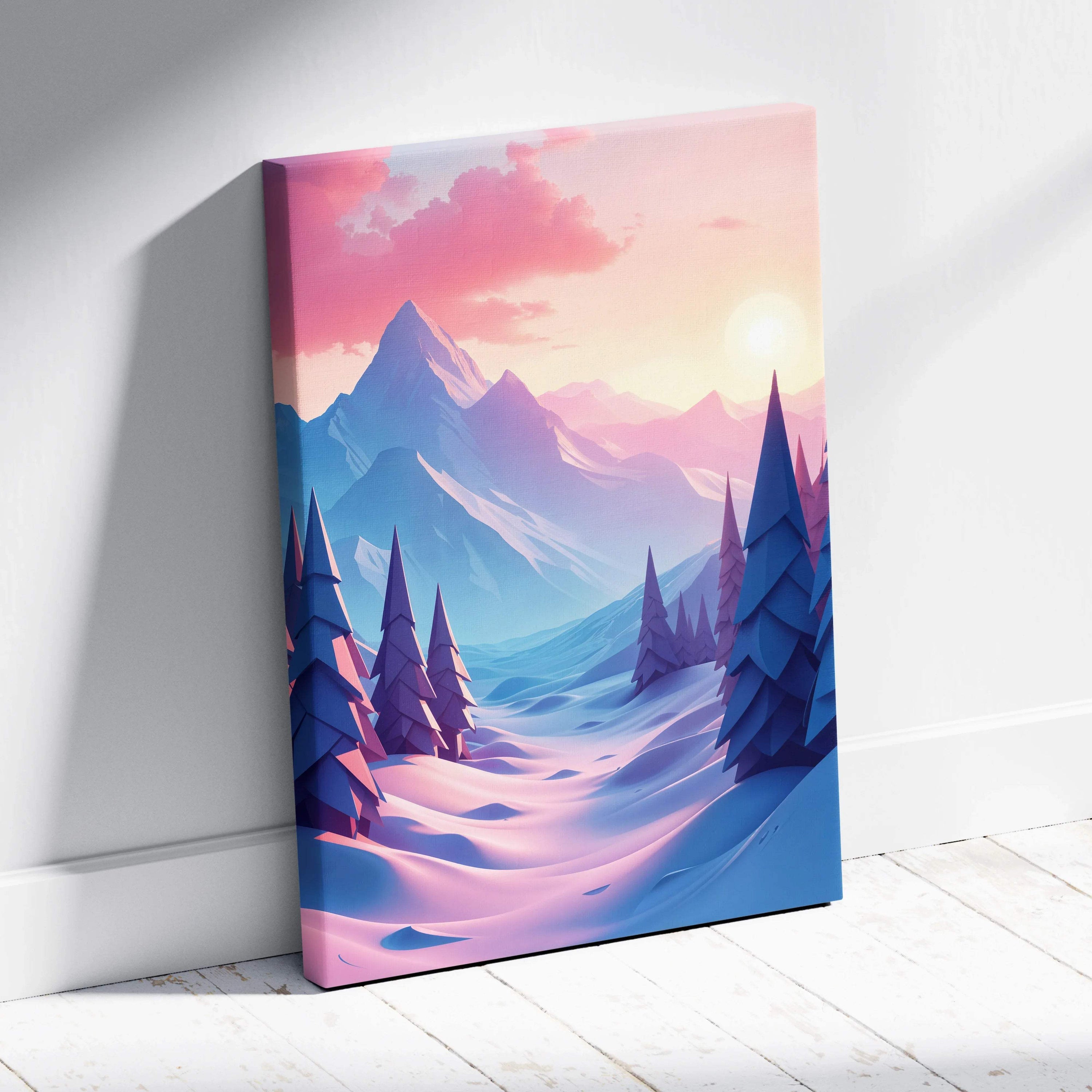 Stylized winter mountain canvas art with pine trees at peach lilac sunset
