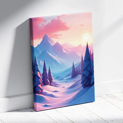 Stylized winter mountain canvas art with pine trees at peach lilac sunset