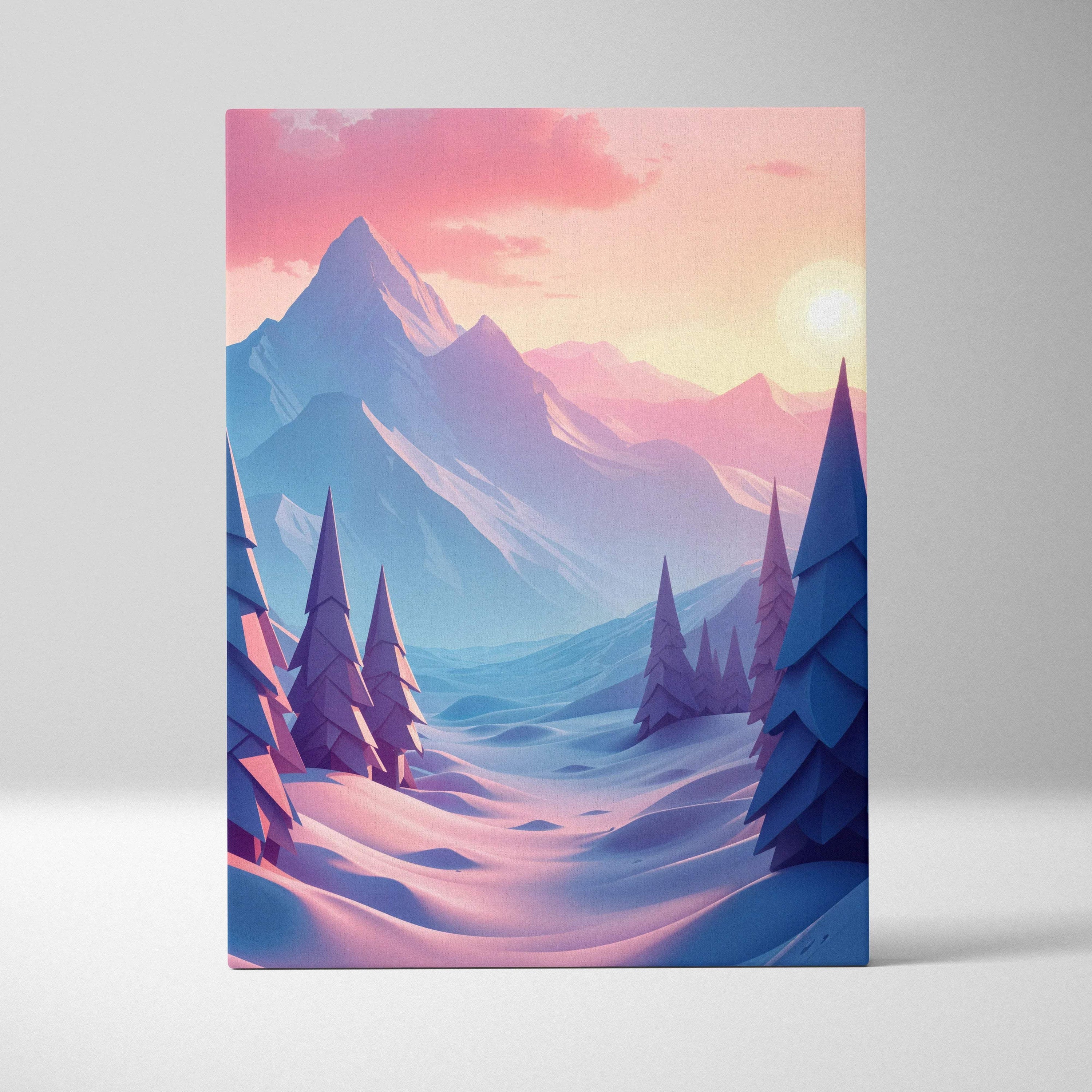 Canvas wall art of stylized winter mountain landscape with pine trees at sunset in peach lilac blue mood