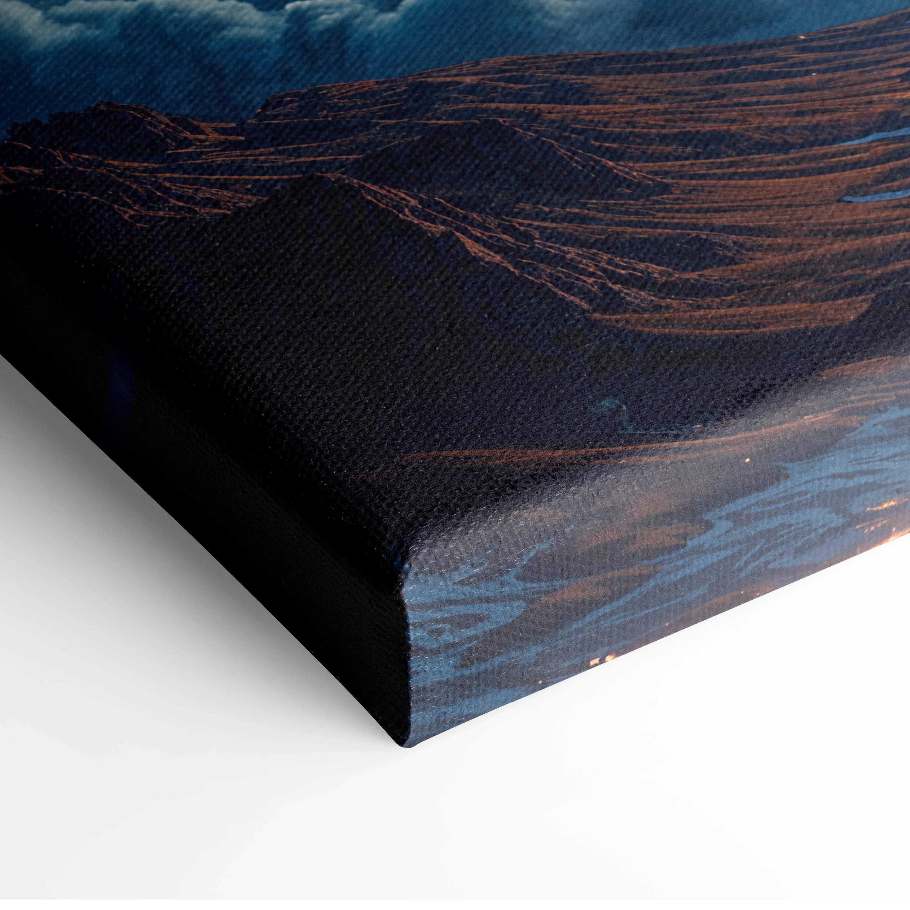 Canvas print of fantasy starry sky over jagged mountain peaks in deep blue tones