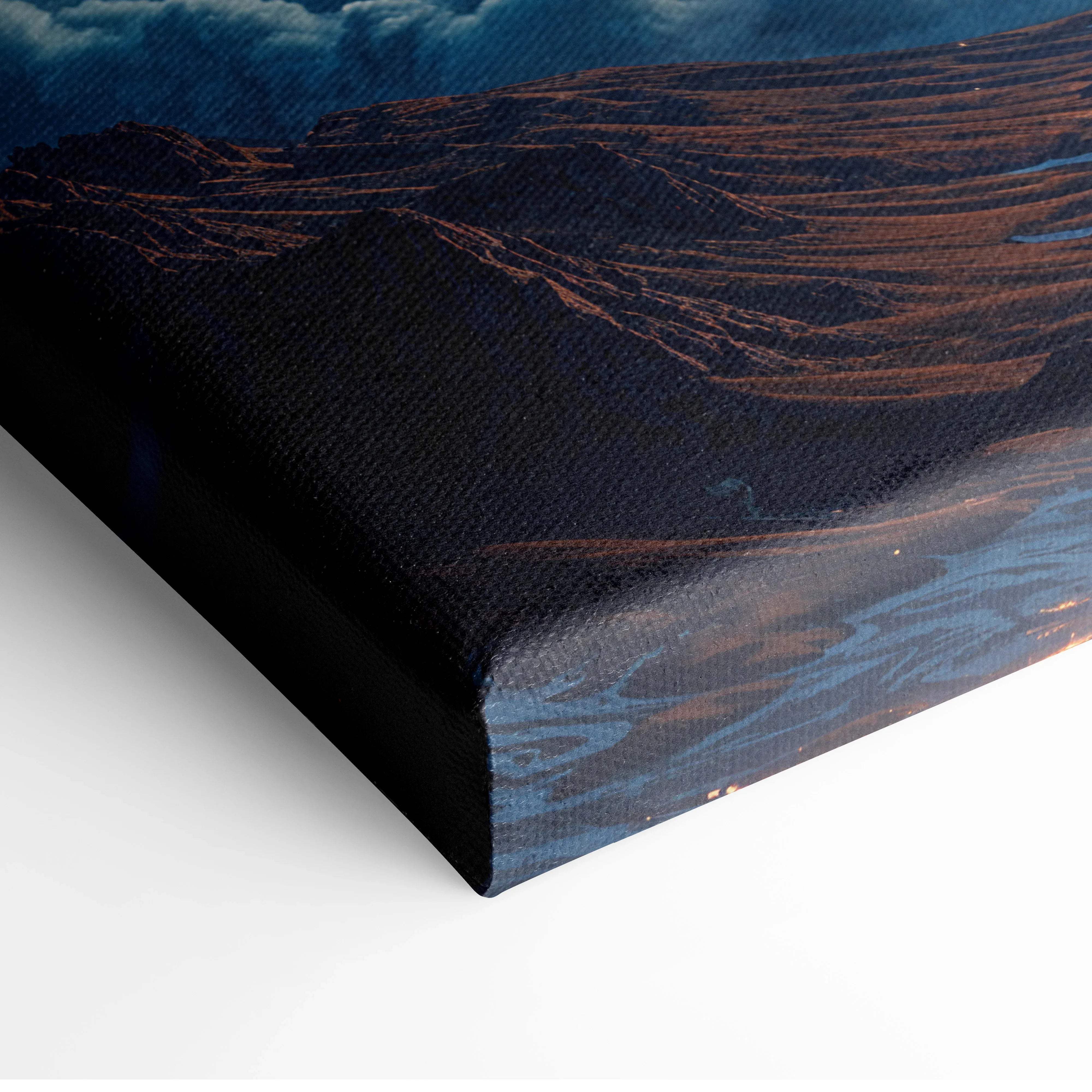 Canvas print of fantasy starry sky over jagged mountain peaks in deep blue tones