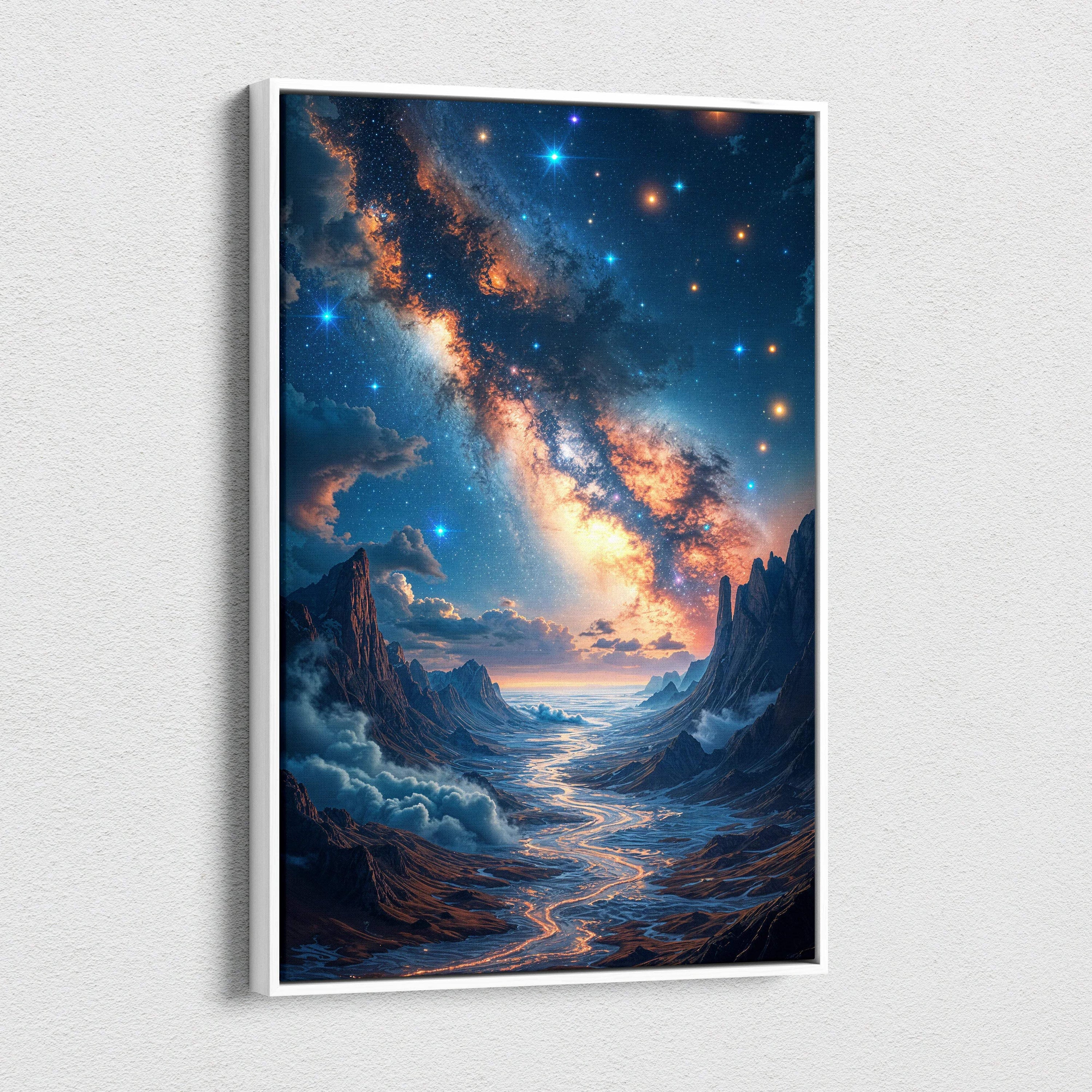 Framed canvas wall art of starry fantasy landscape with galaxy over jagged peaks