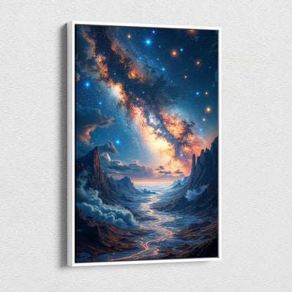 Framed canvas wall art of starry fantasy landscape with galaxy over jagged peaks
