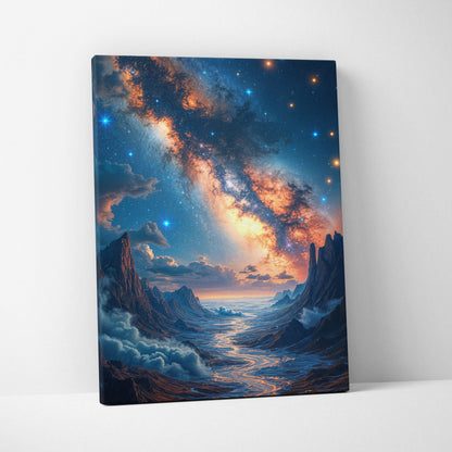 Fantasy surreal canvas art of starry sky over jagged mountain peaks with moonlit celestial blues