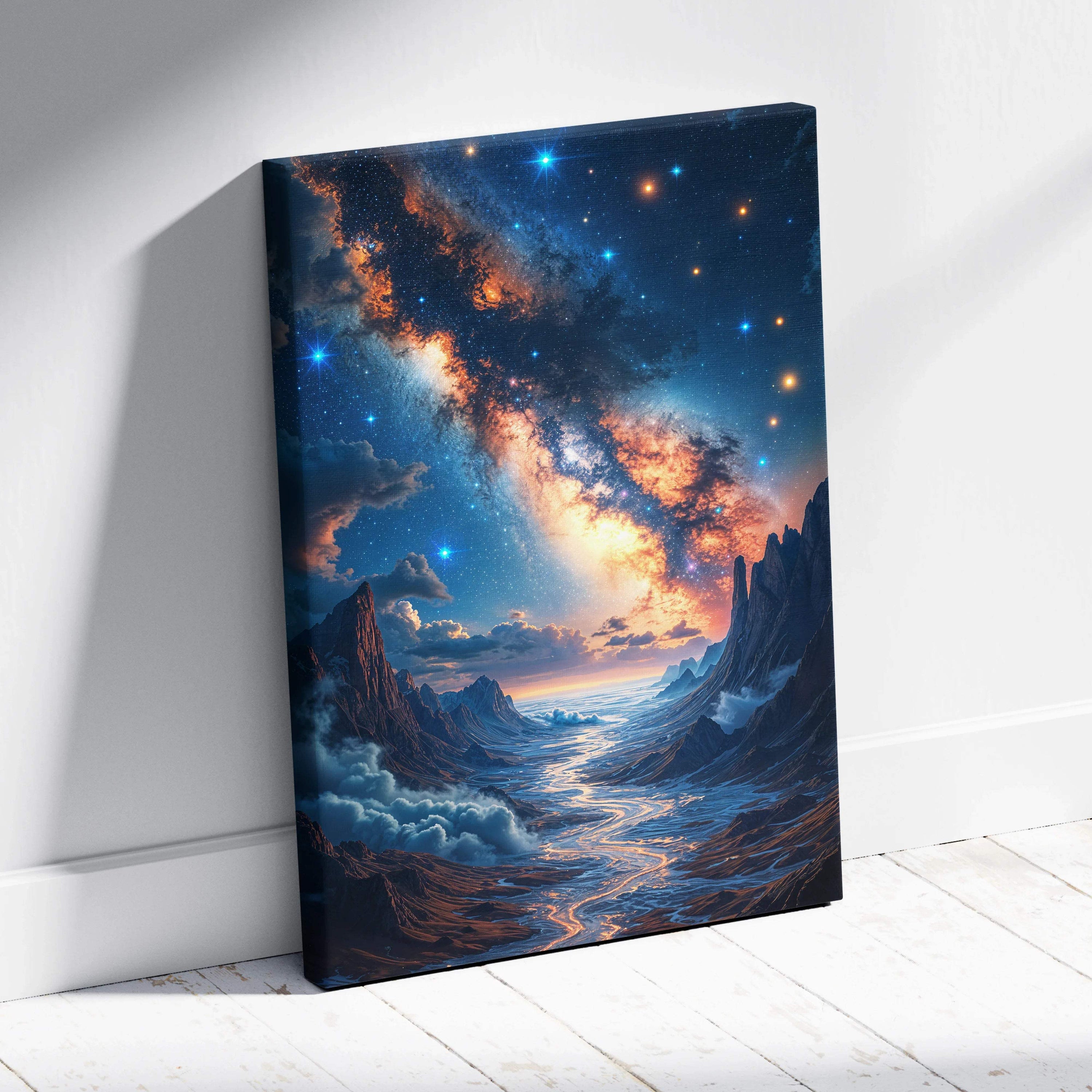 Fantasy surreal canvas: starry sky over jagged moonlit mountain peaks