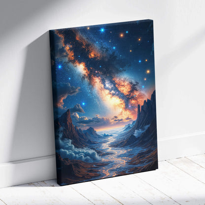 Fantasy surreal canvas: starry sky over jagged moonlit mountain peaks