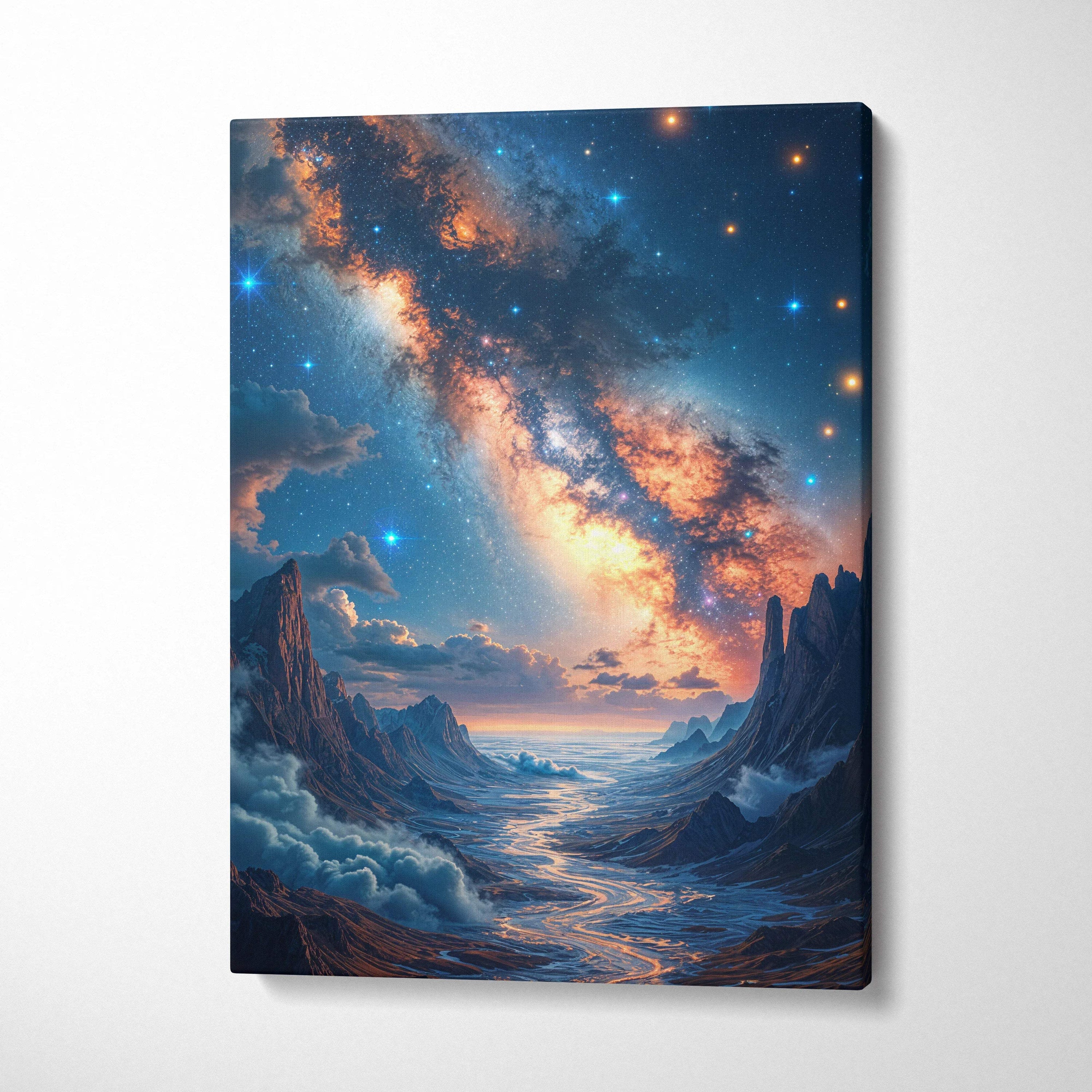 Fantasy surreal canvas art of starry sky over jagged mountain peaks with moonlit celestial blues