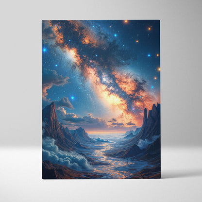 Canvas print of fantasy starry sky over jagged mountain peaks in celestial blues