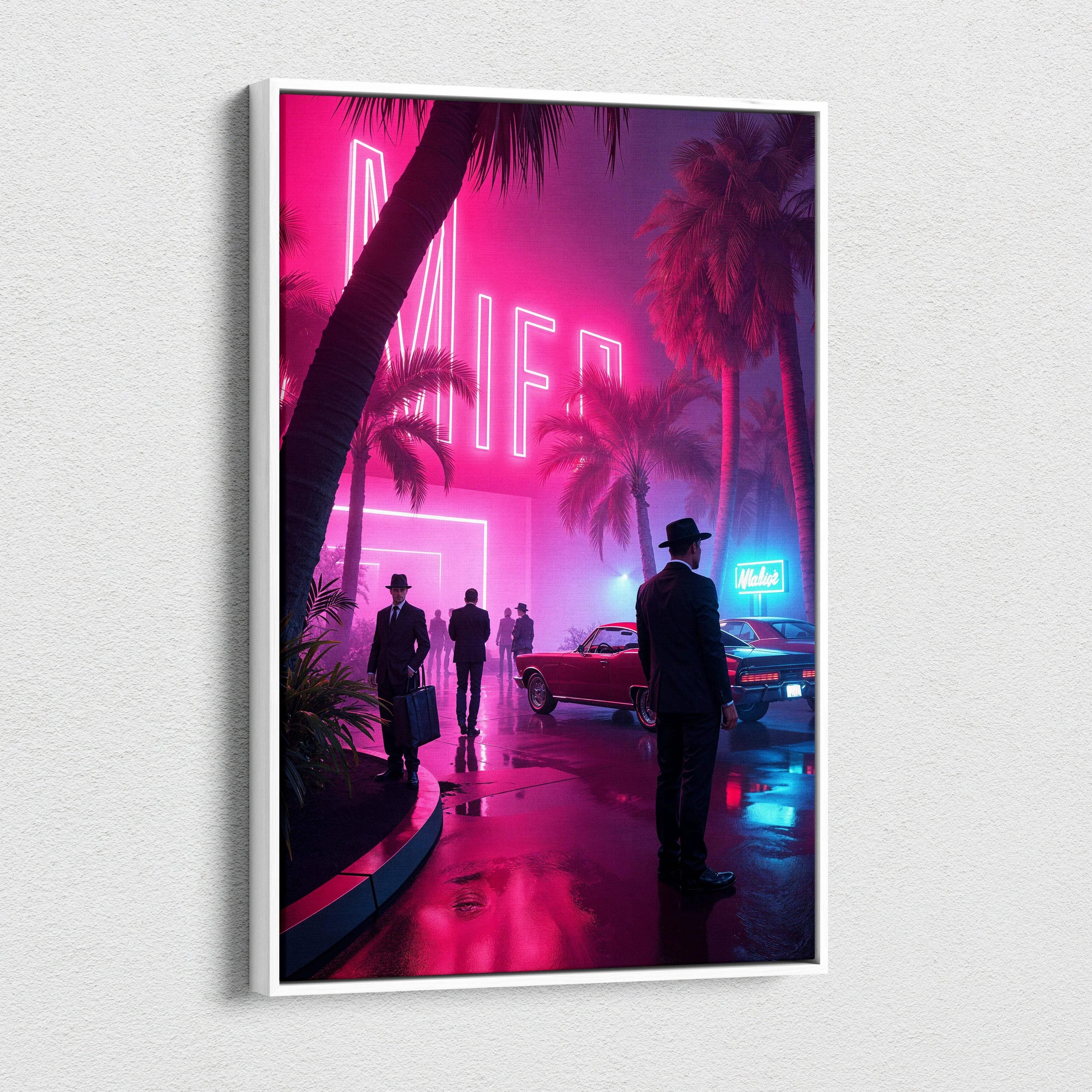 Framed rainy Miami boulevard canvas art with pink neon, palms, classic cars