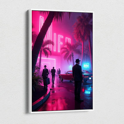 Framed rainy Miami boulevard canvas art with pink neon, palms, classic cars