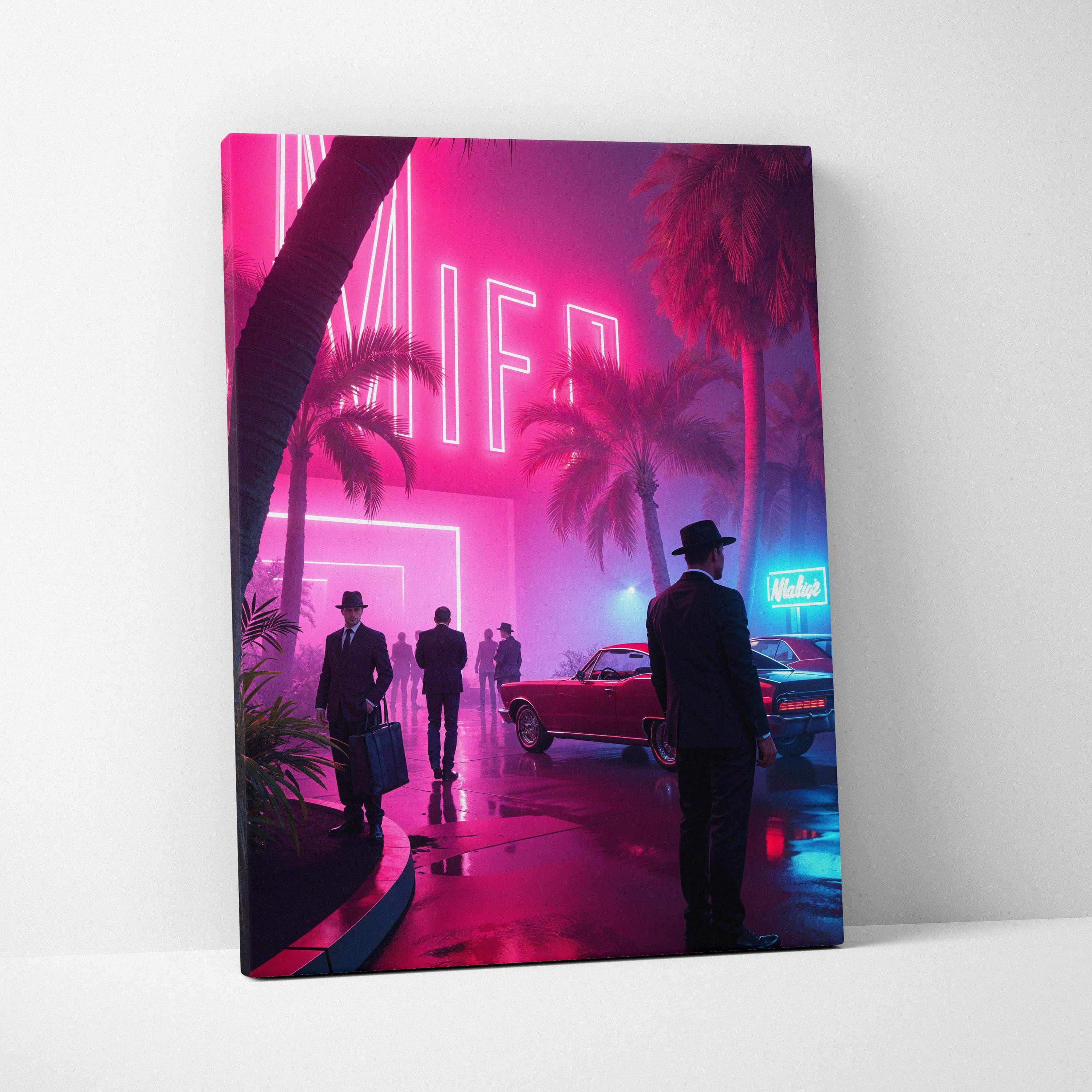 Vibrant rainy Miami boulevard canvas art at night with pink neon, palms, cars