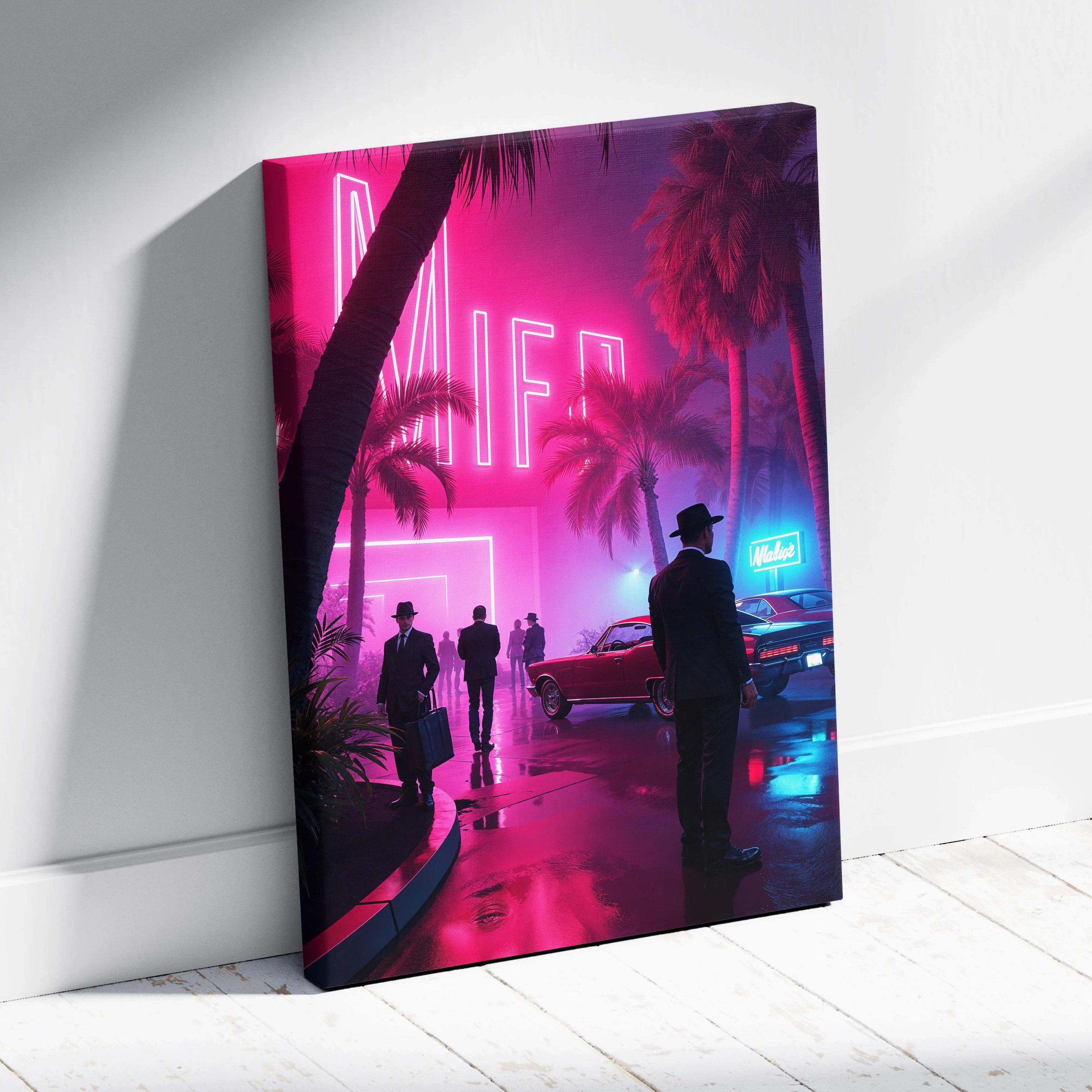Vibrant neon-pink rainy Miami boulevard canvas art with palm trees