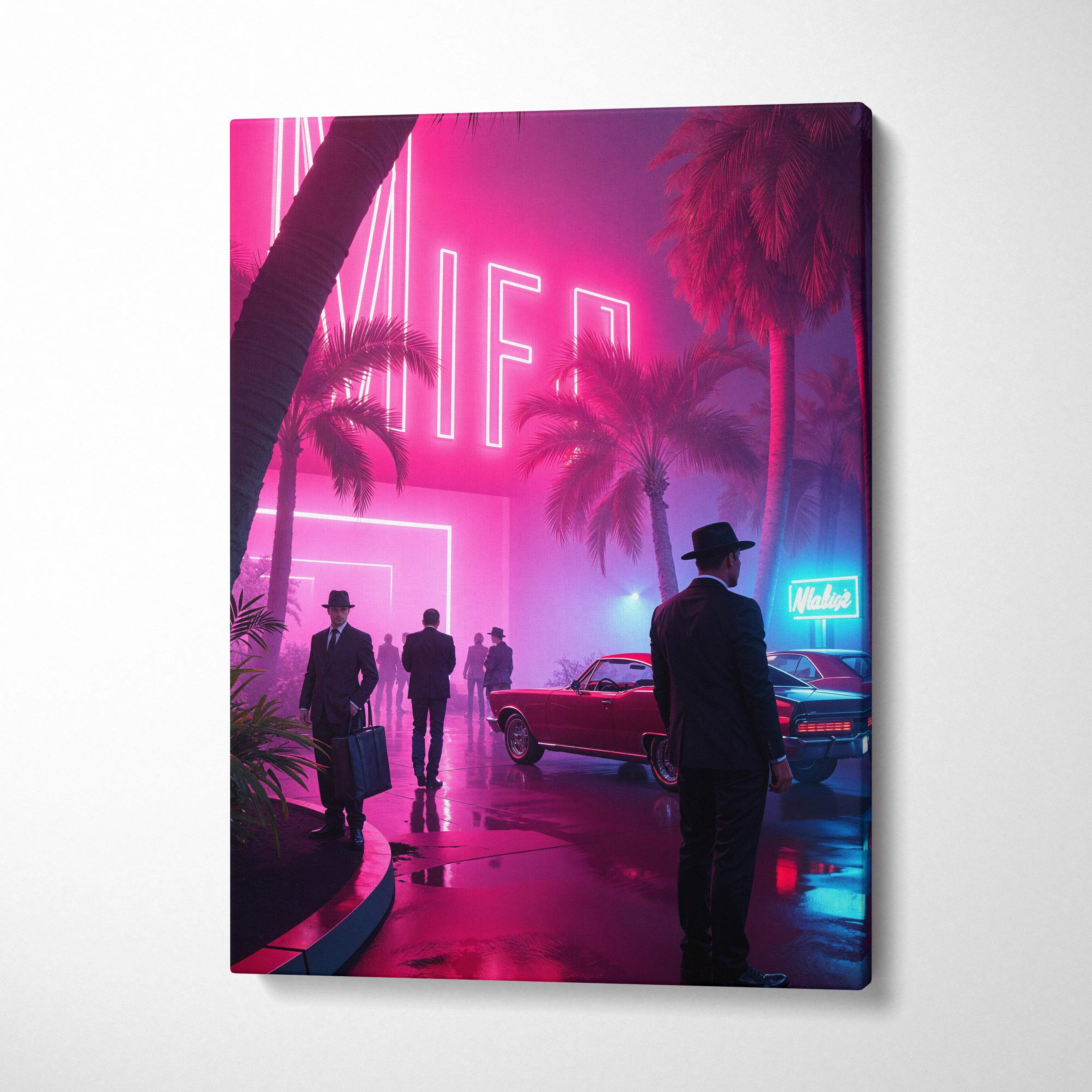 Neon pink and blue lit rainy Miami boulevard canvas art with palm trees and classic cars