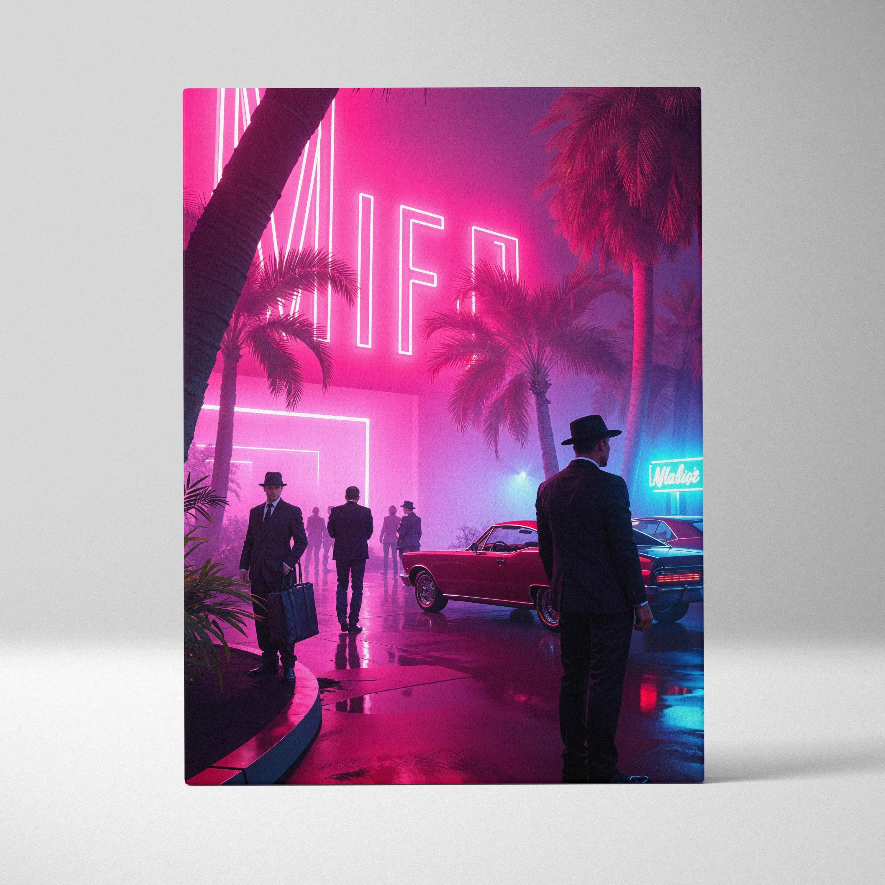 Vibrant rainy Miami boulevard canvas art at night with pink neon, palm trees, classic cars