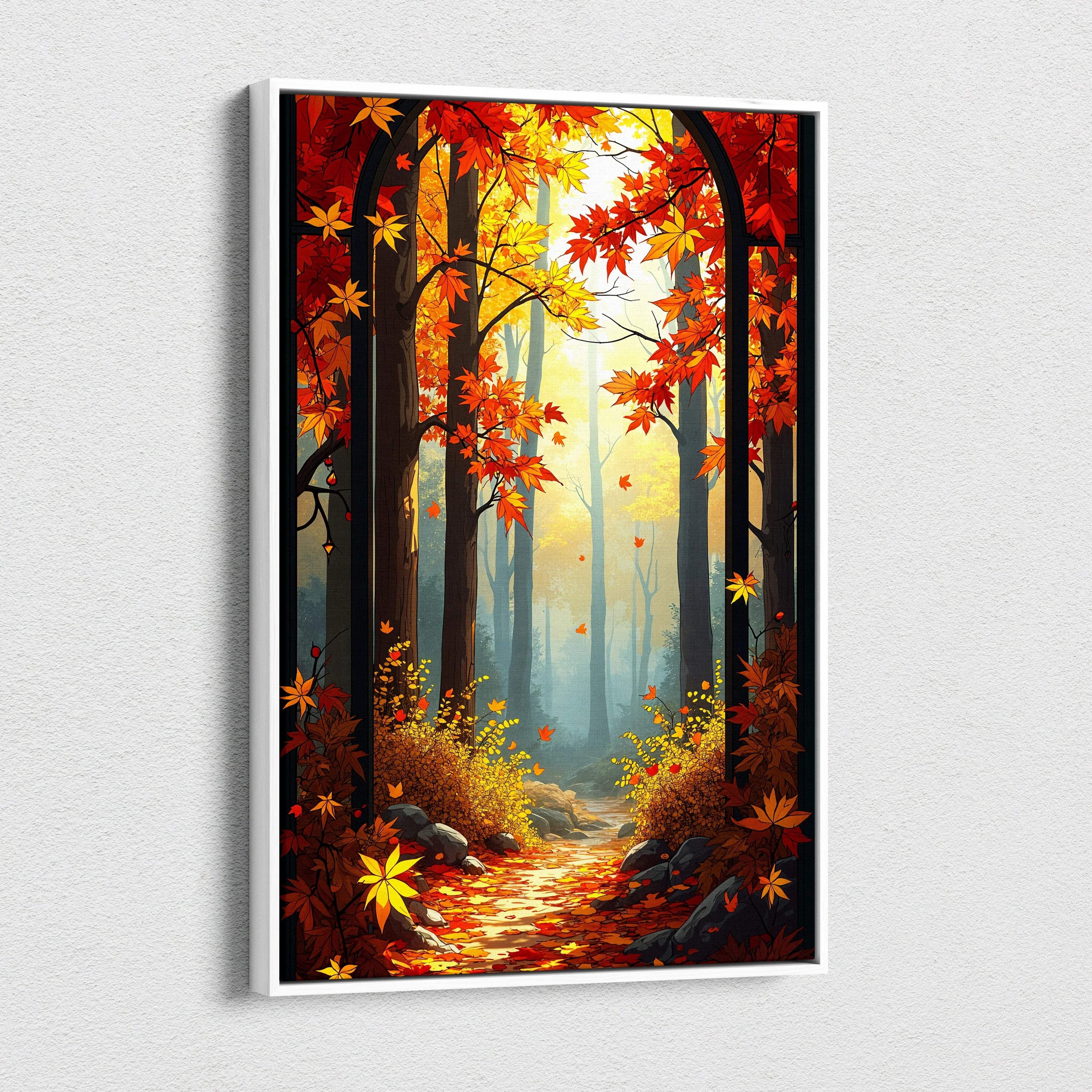 Canvas wall art of romantic impressionist autumn forest path in red yellow foliage and soft morning light in white frame