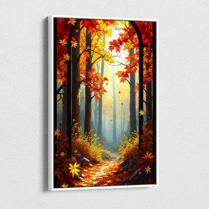 Canvas wall art of romantic impressionist autumn forest path in red yellow foliage and soft morning light in white frame