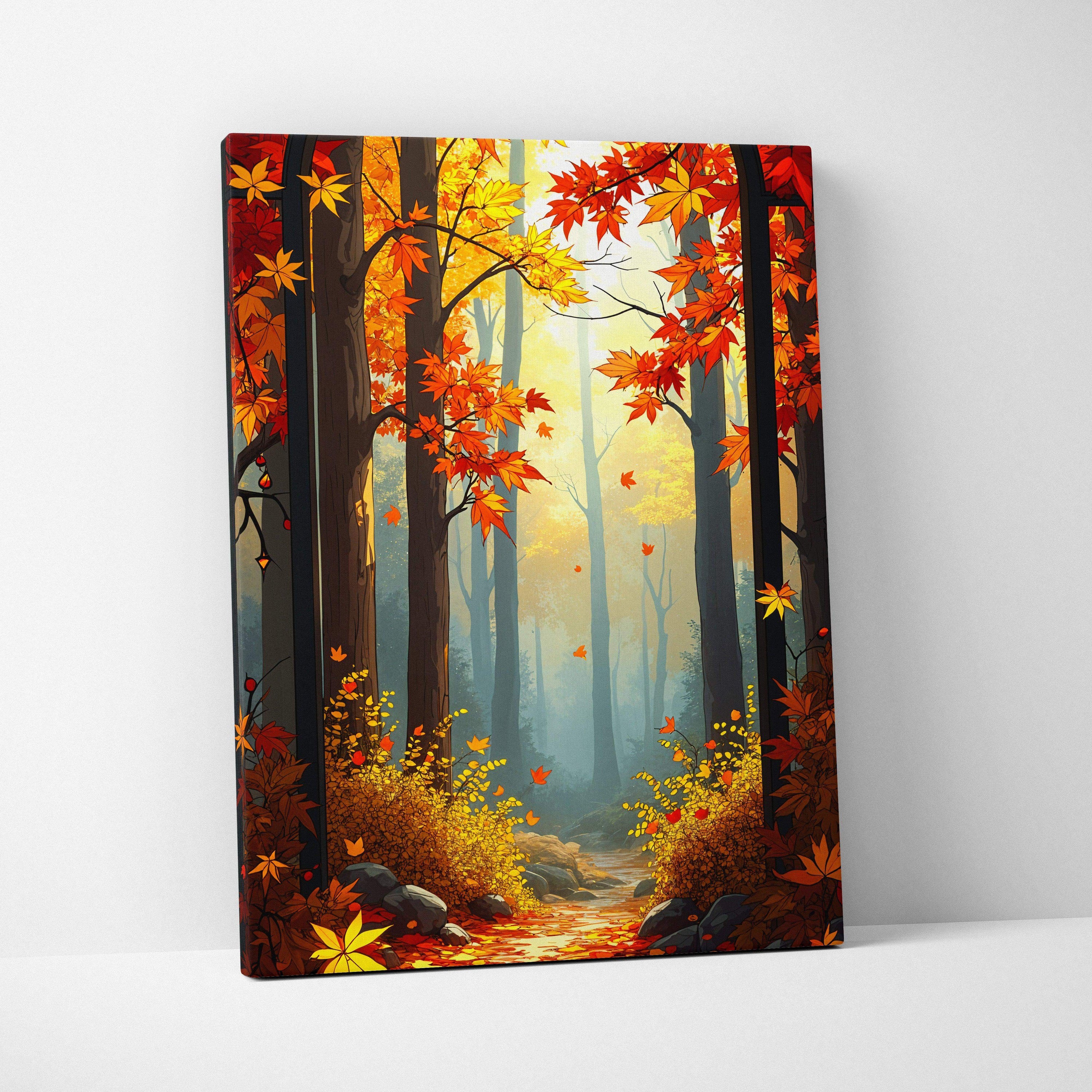 Canvas wall art of romantic impressionist autumn forest path in red yellow foliage and soft morning light