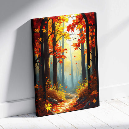 Vibrant autumn forest path canvas wall art with red yellow foliage soft morning light