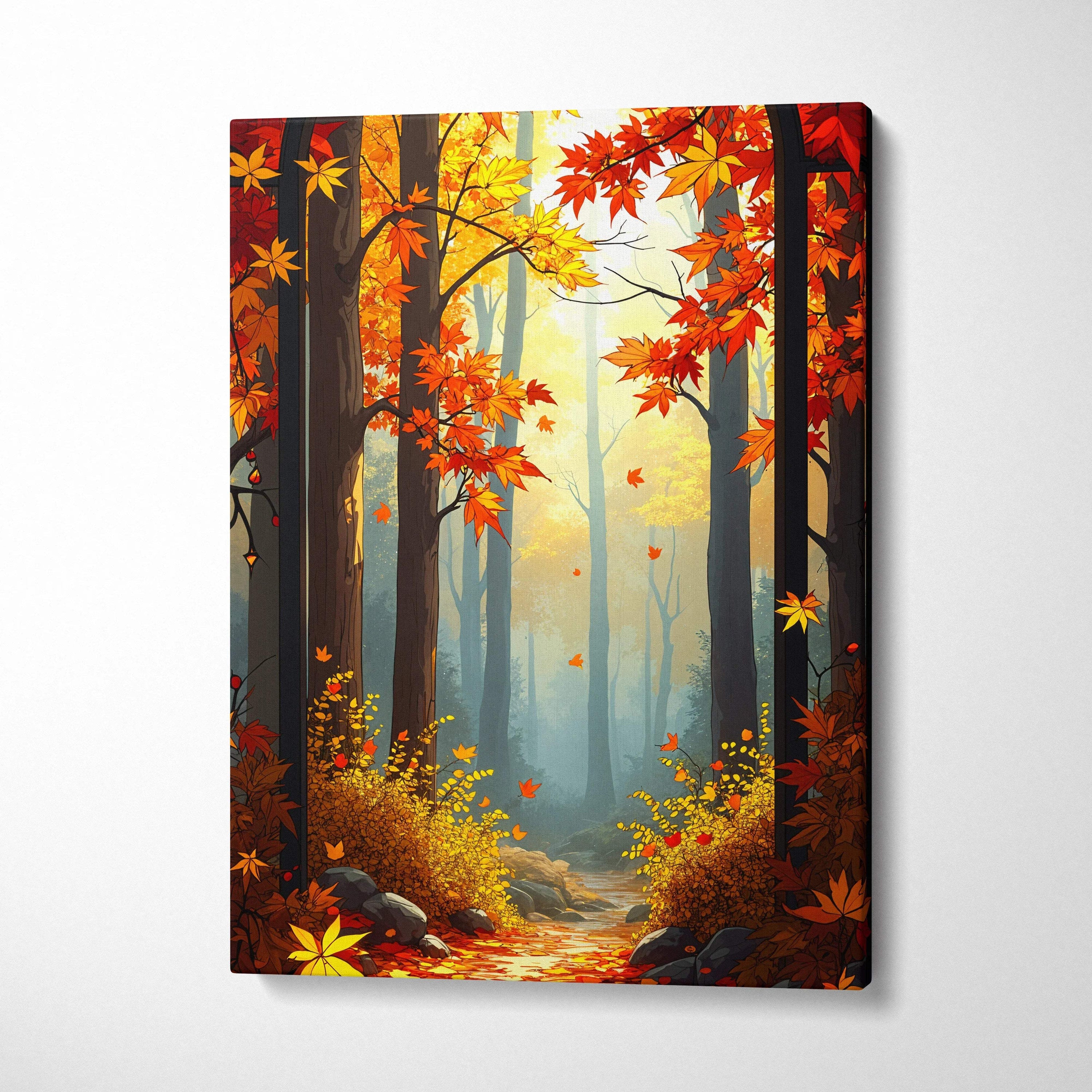 Canvas print of romantic impressionist autumn forest path in red foliage
