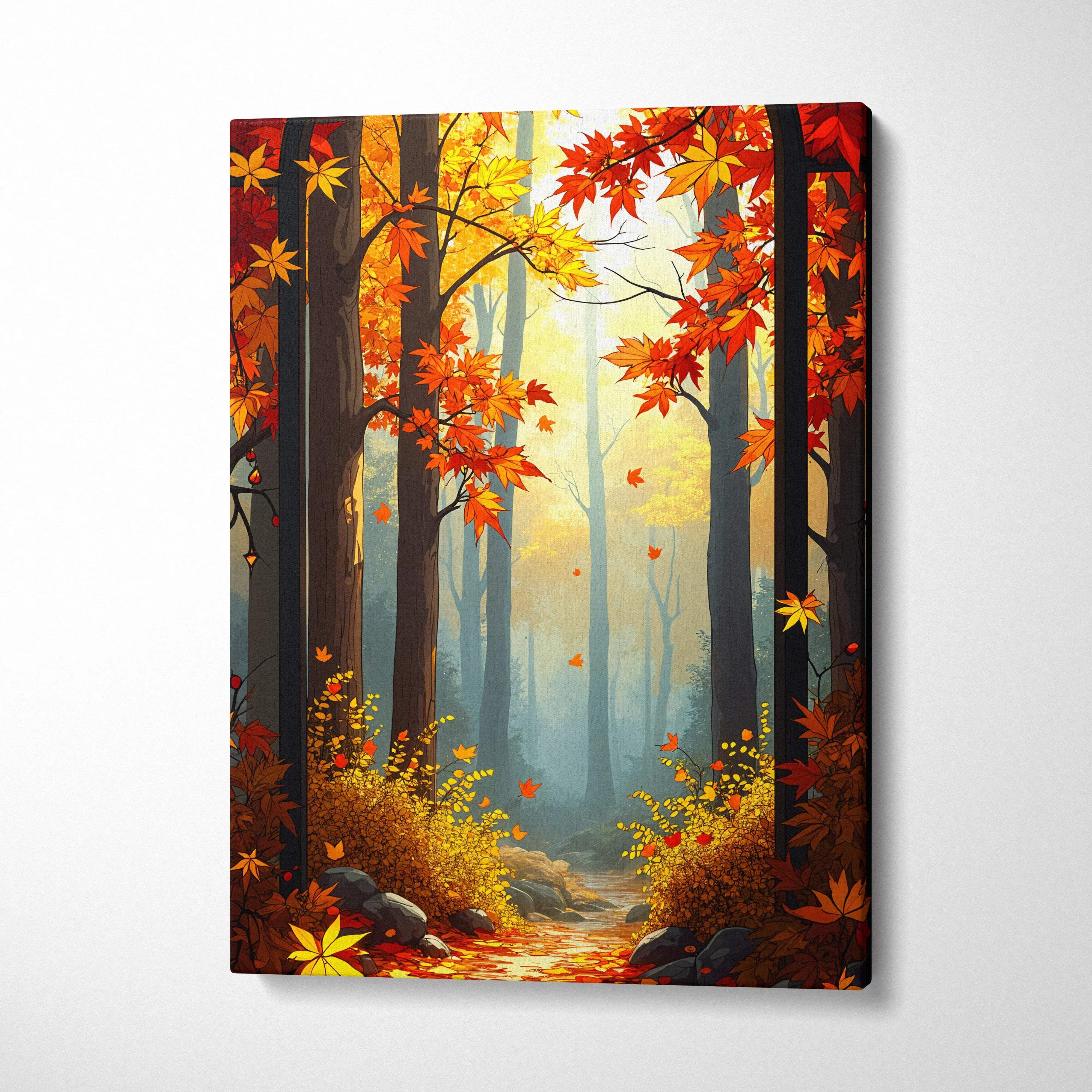 Canvas print of romantic impressionist autumn forest path in red foliage