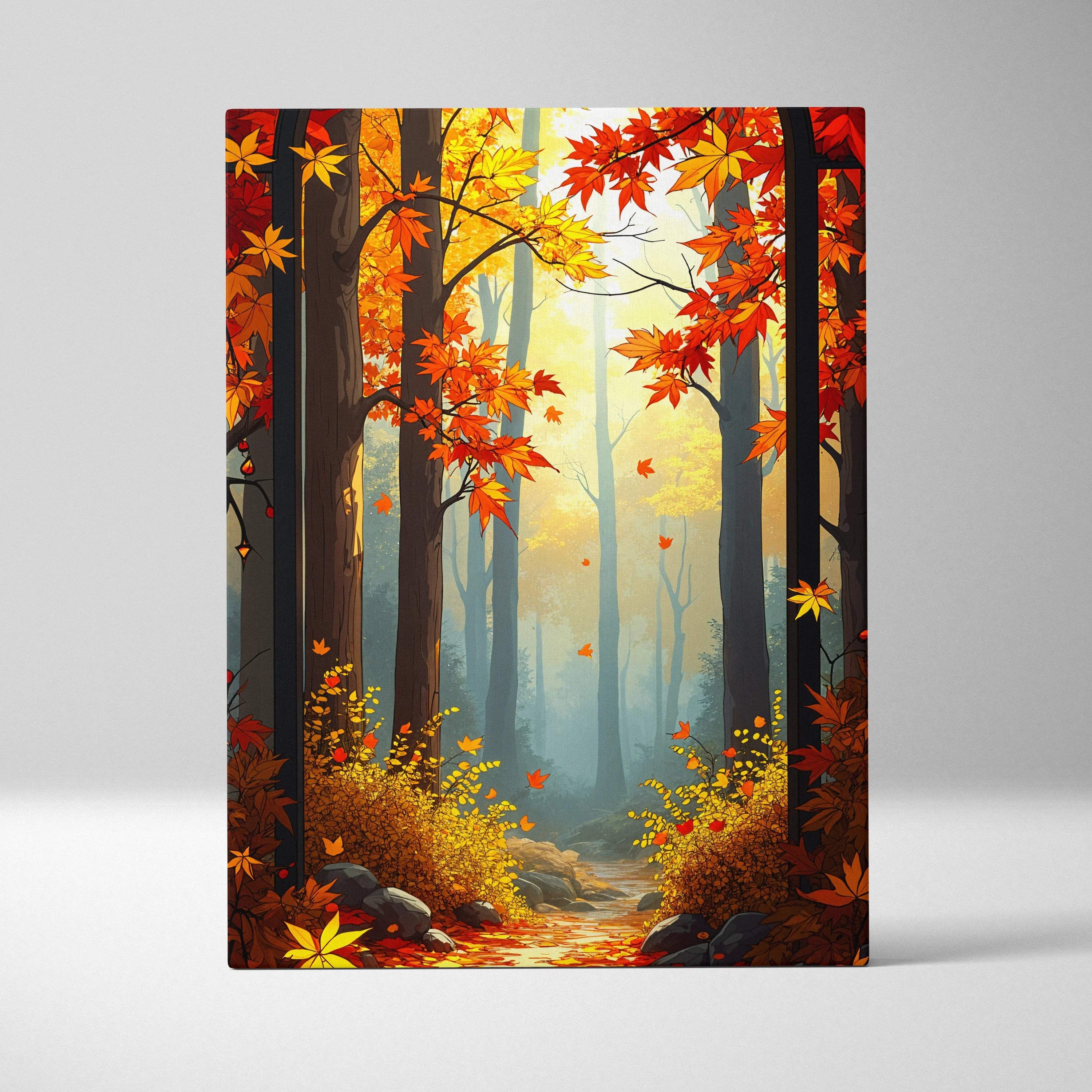 Canvas wall art of romantic impressionist autumn forest path in red yellow foliage and soft morning light