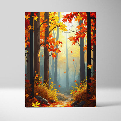 Canvas wall art of romantic impressionist autumn forest path in red yellow foliage and soft morning light