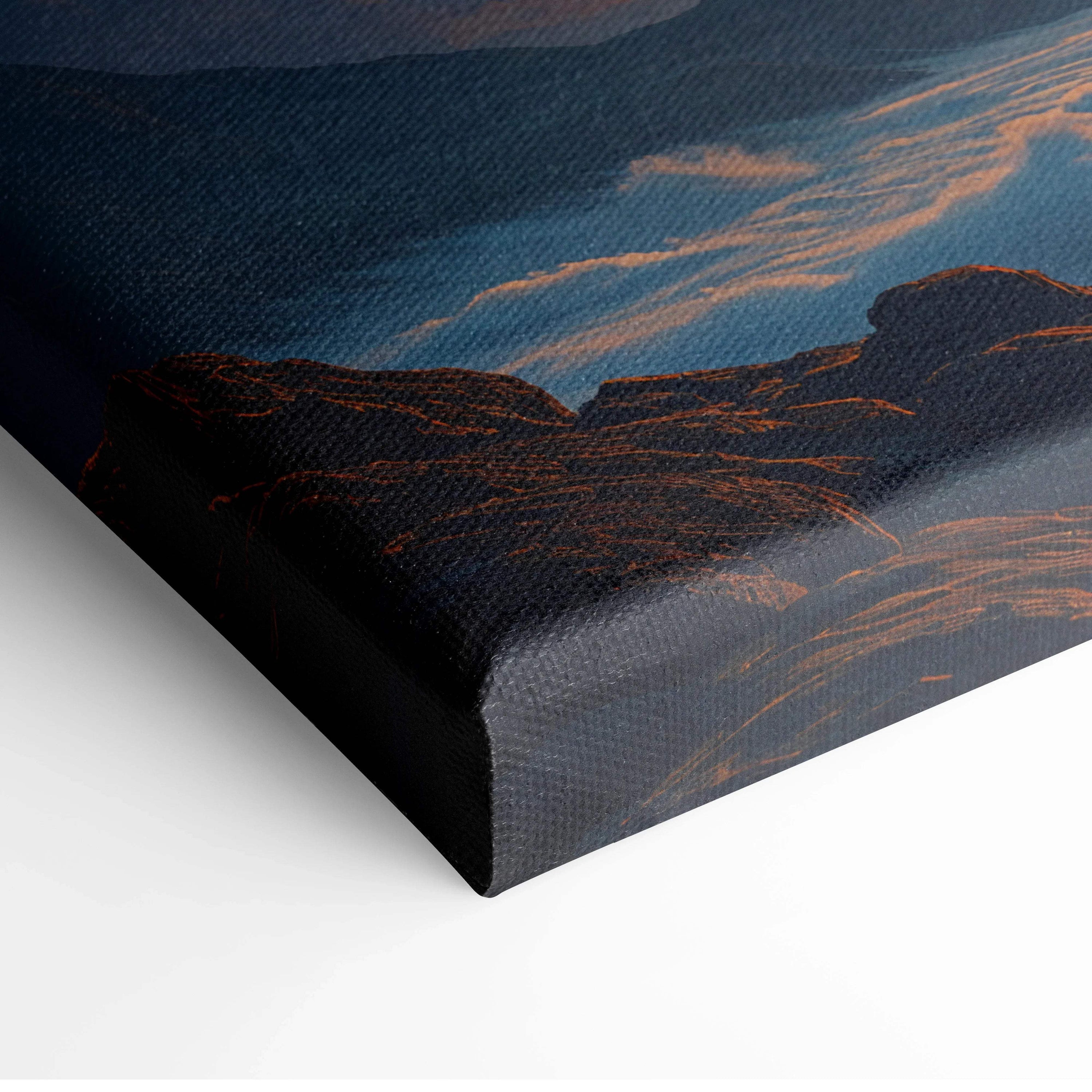 Canvas print of surreal Milky Way over sunrise clouds in dark blue orange hues