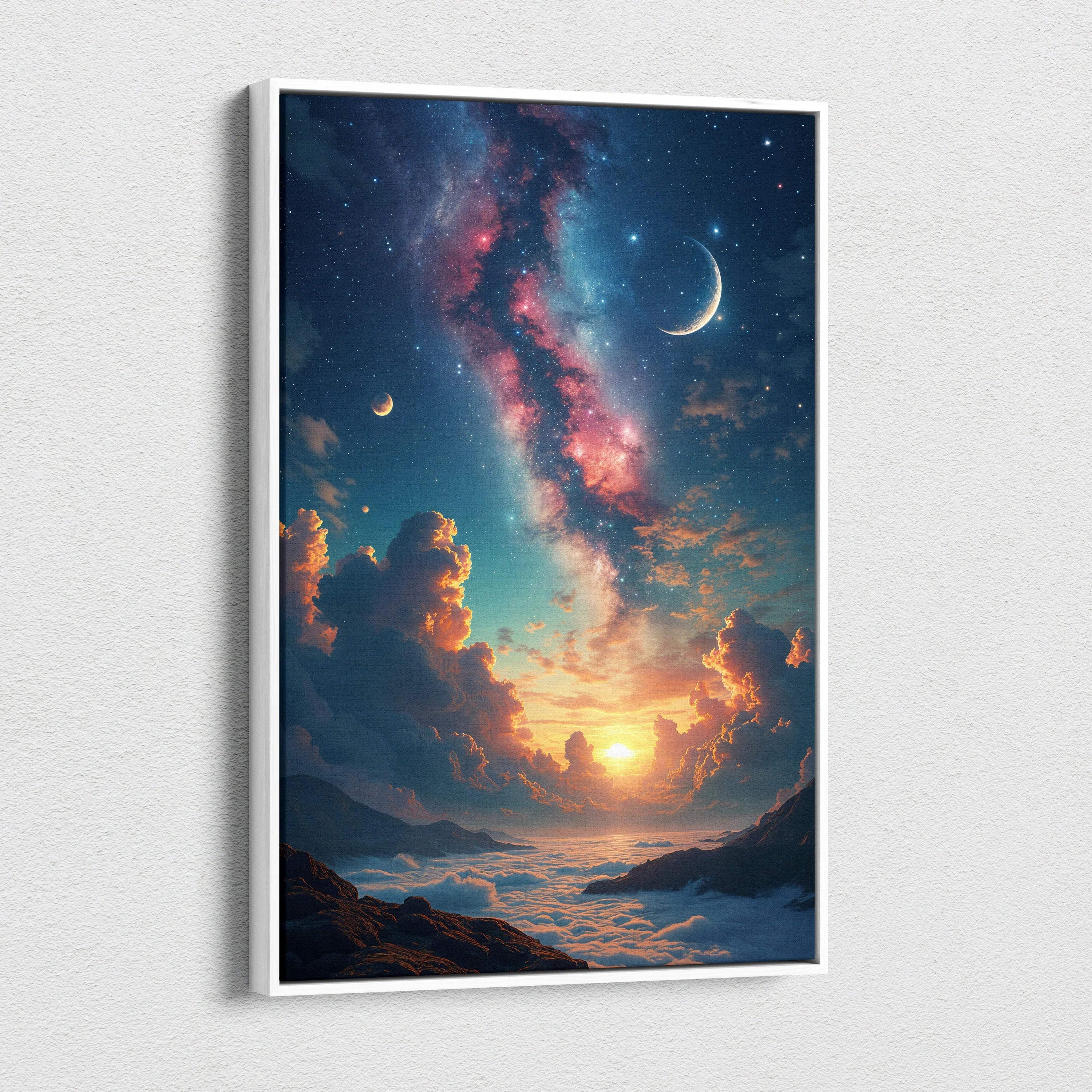 Framed canvas wall art of surreal celestial Milky Way over sunrise clouds