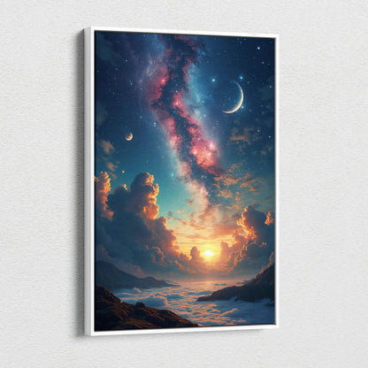 Framed canvas wall art of surreal celestial Milky Way over sunrise clouds