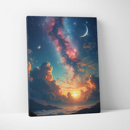 Surreal celestial canvas art with Milky Way over sunrise clouds and nebulae