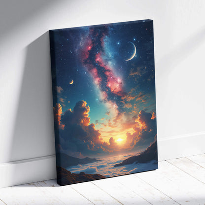 Vibrant canvas wall art of surreal celestial Milky Way over sunrise clouds and mountains