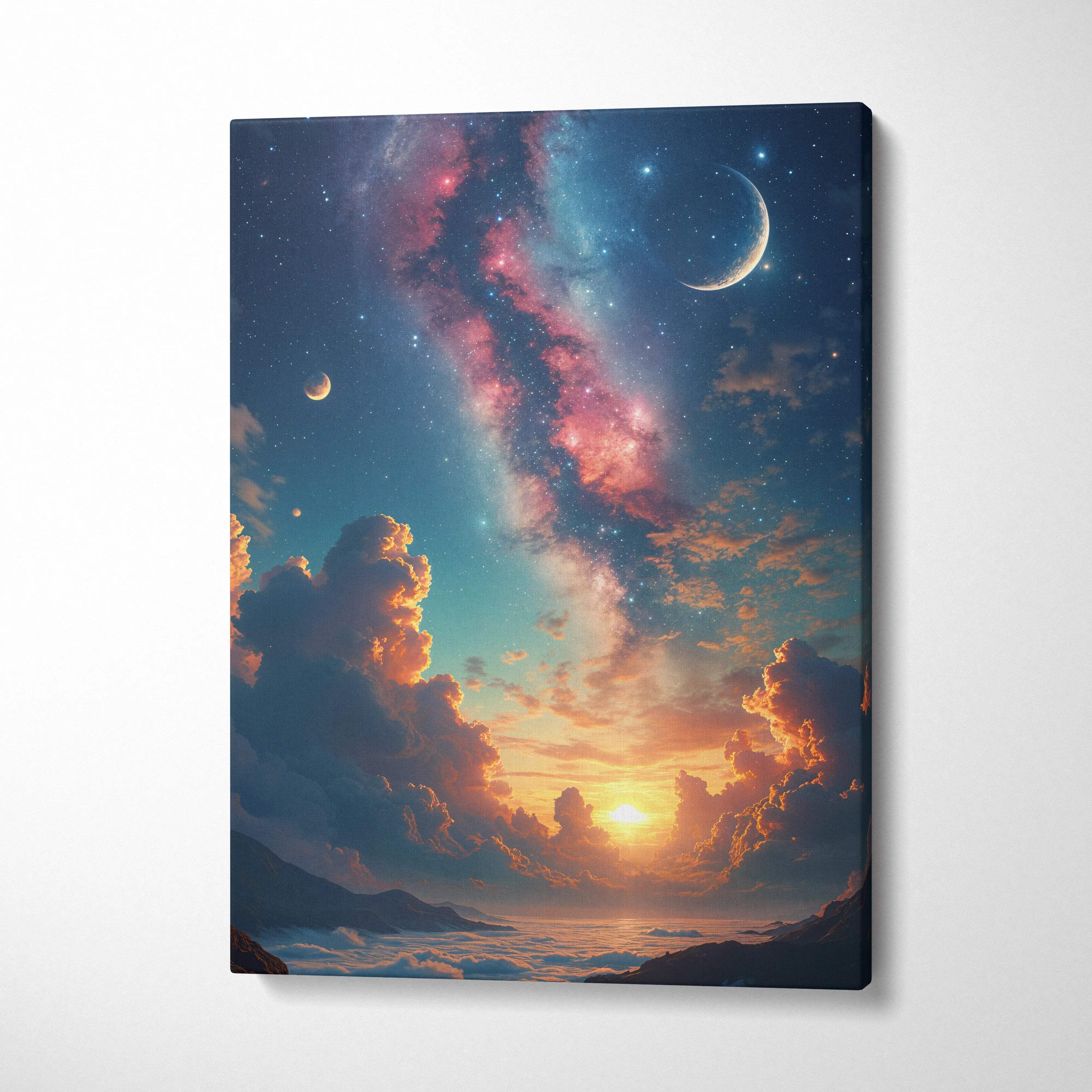 Surreal celestial canvas wall art with Milky Way over sunrise clouds