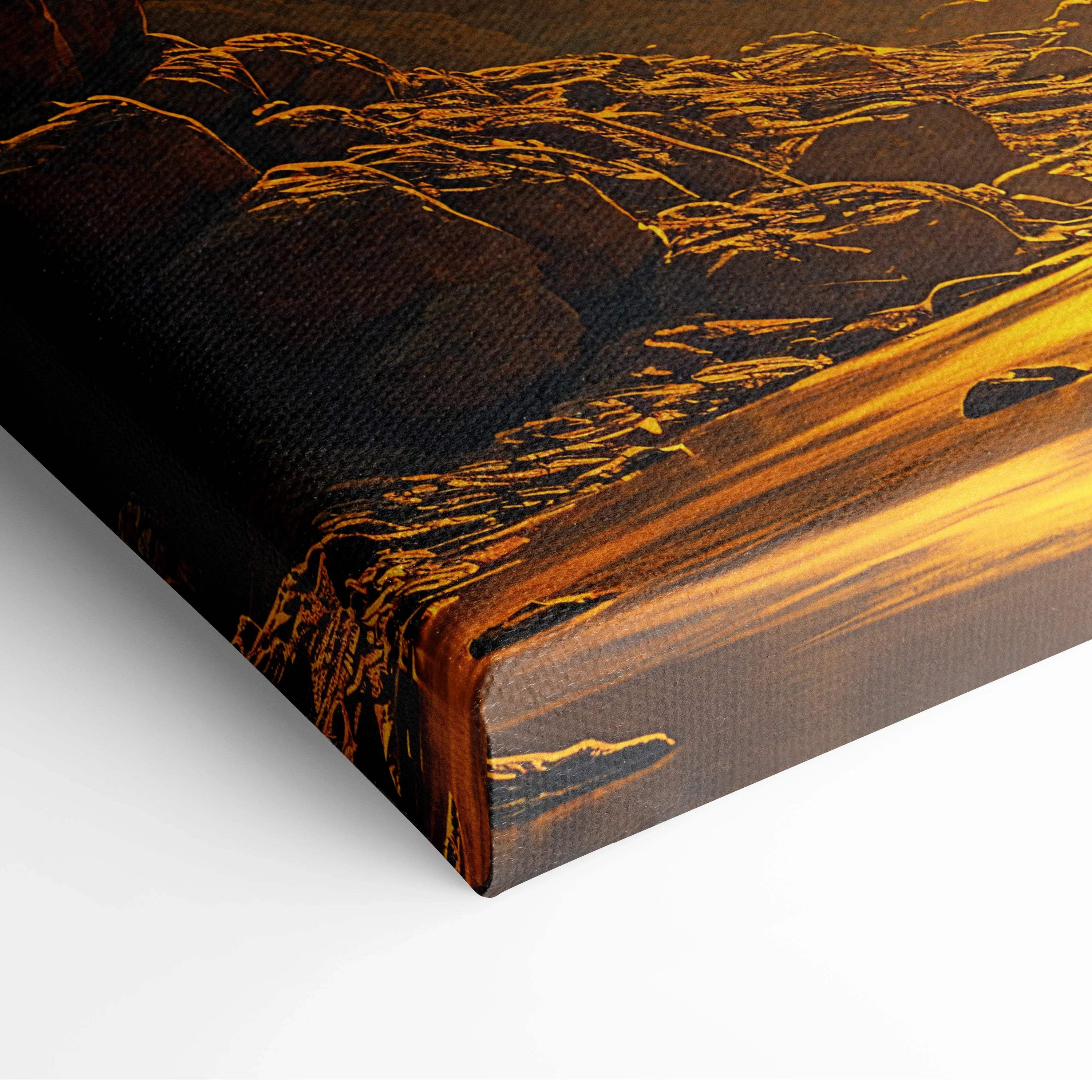 Canvas print of visionary canyon landscape with surreal golden light cascade