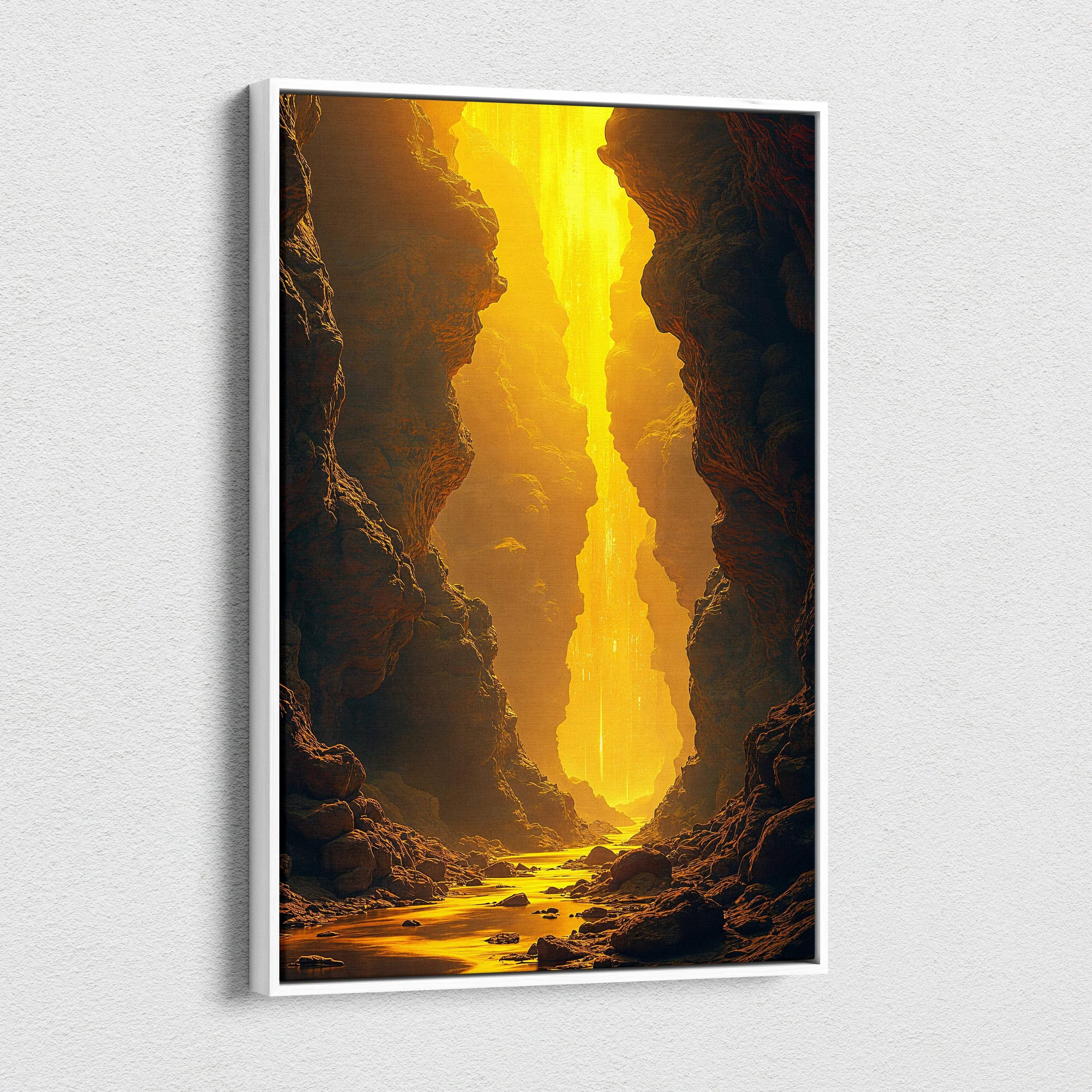 Framed Visionary Canyon canvas wall art with golden light cascade