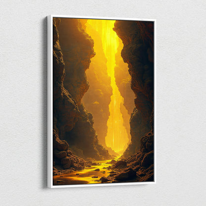 Framed Visionary Canyon canvas wall art with golden light cascade