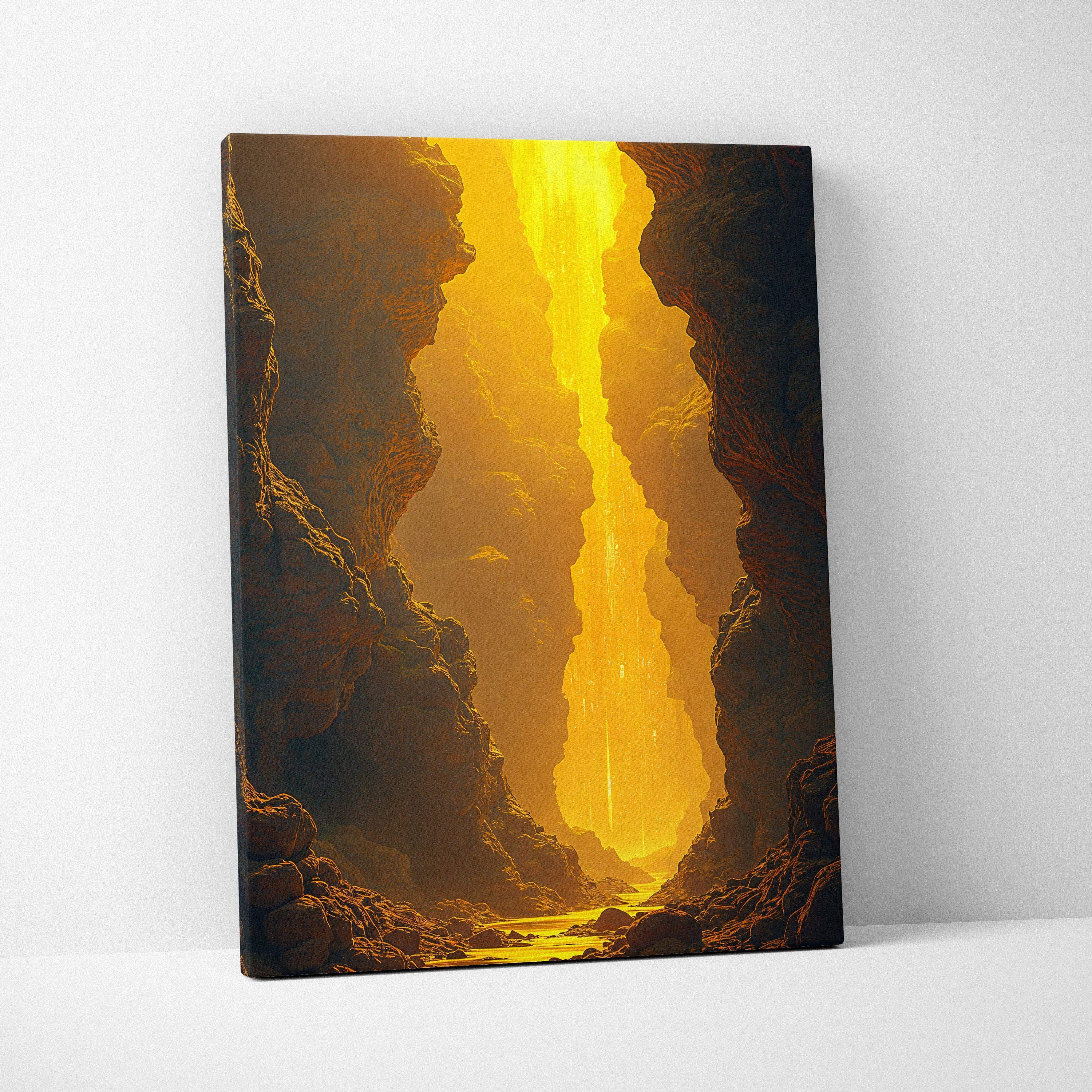 Canvas print of visionary canyon with surreal golden light in gorge