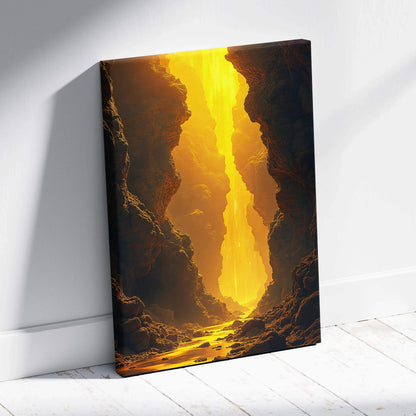 Vibrant canvas print of visionary canyon with surreal golden light cascade