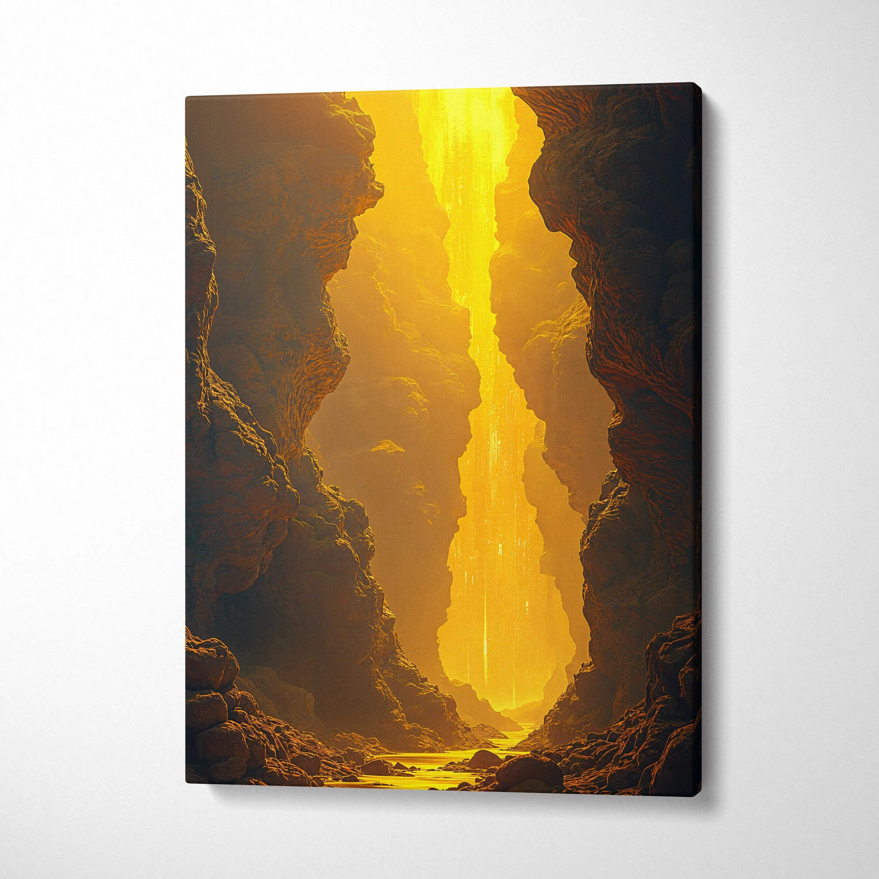 Vibrant canvas print of visionary canyon with surreal golden light cascade