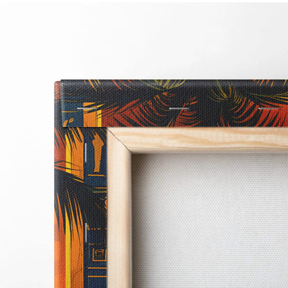 Back of canvas frame with tropical leaf edge and desert oasis art