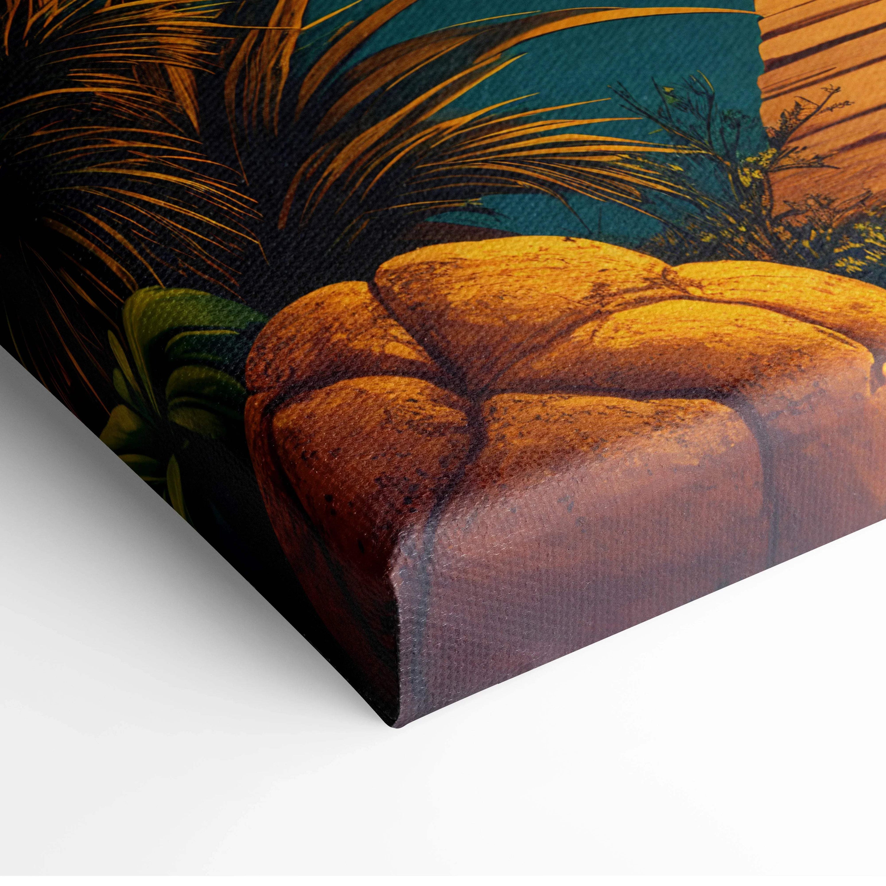 Surreal desert oasis canvas print with golden rock, palms, pyramids at sunset