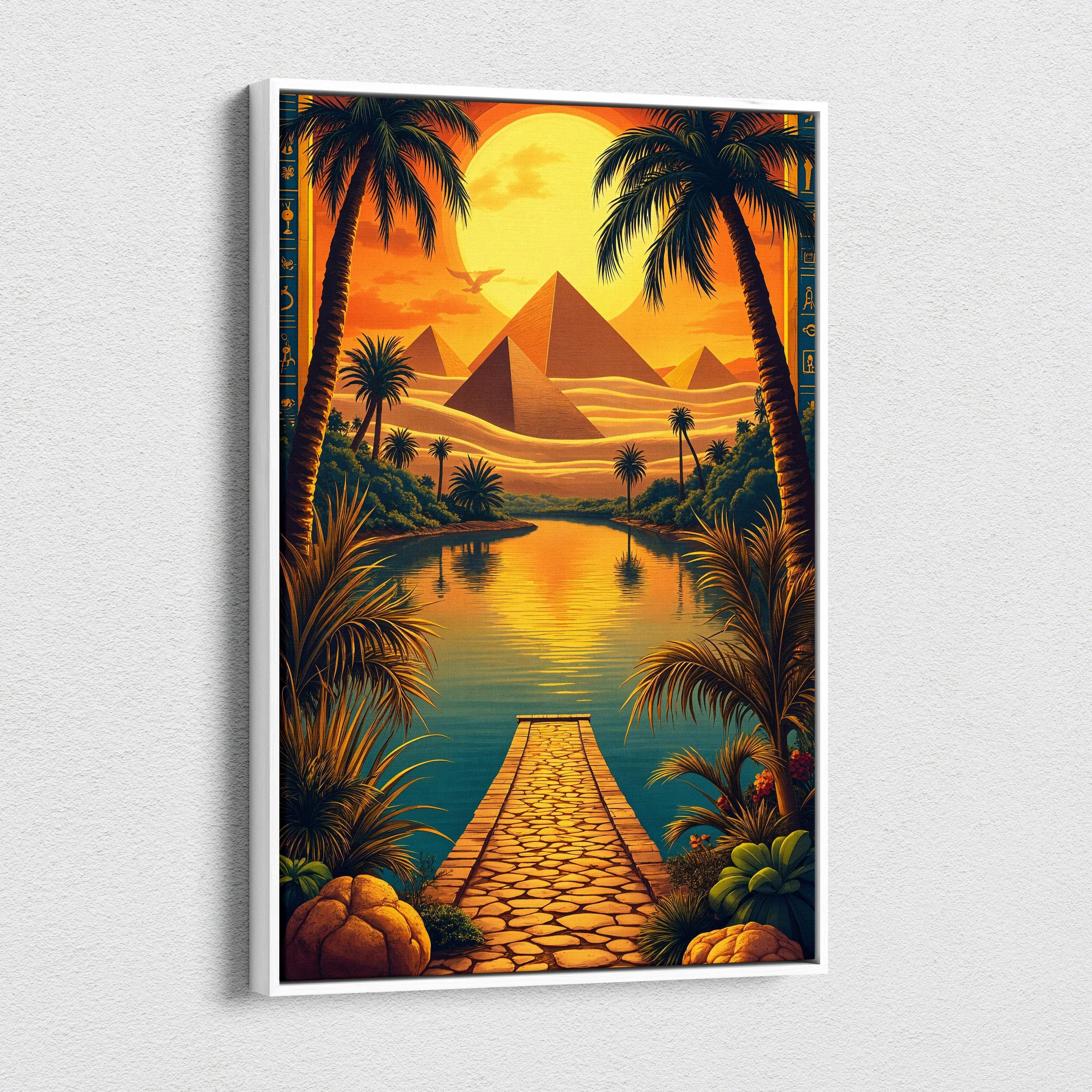 Surreal desert oasis canvas print with golden pyramids, palm trees at sunset