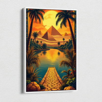 Surreal desert oasis canvas print with golden pyramids, palm trees at sunset