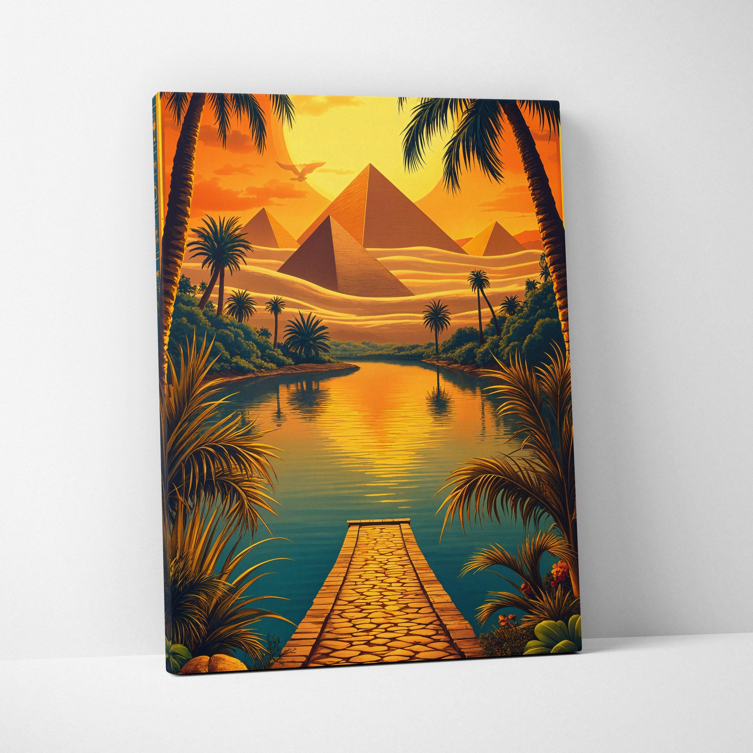 Surreal desert oasis canvas art: pyramids, palm trees at golden sunset