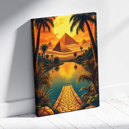 Surreal desert oasis canvas art: pyramids, palms at golden sunset