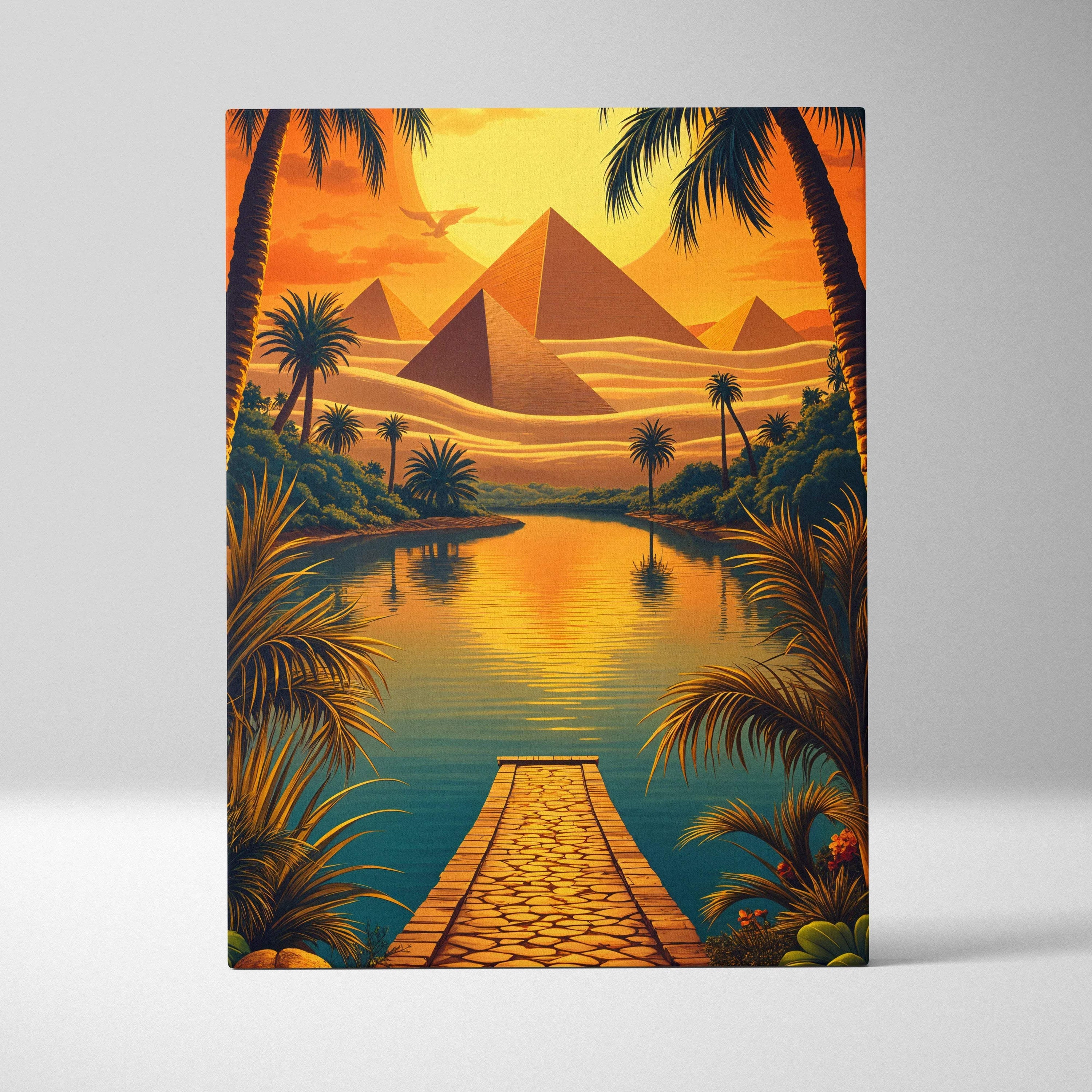 Surreal desert oasis canvas: pyramids, palm trees at vibrant orange gold sunset